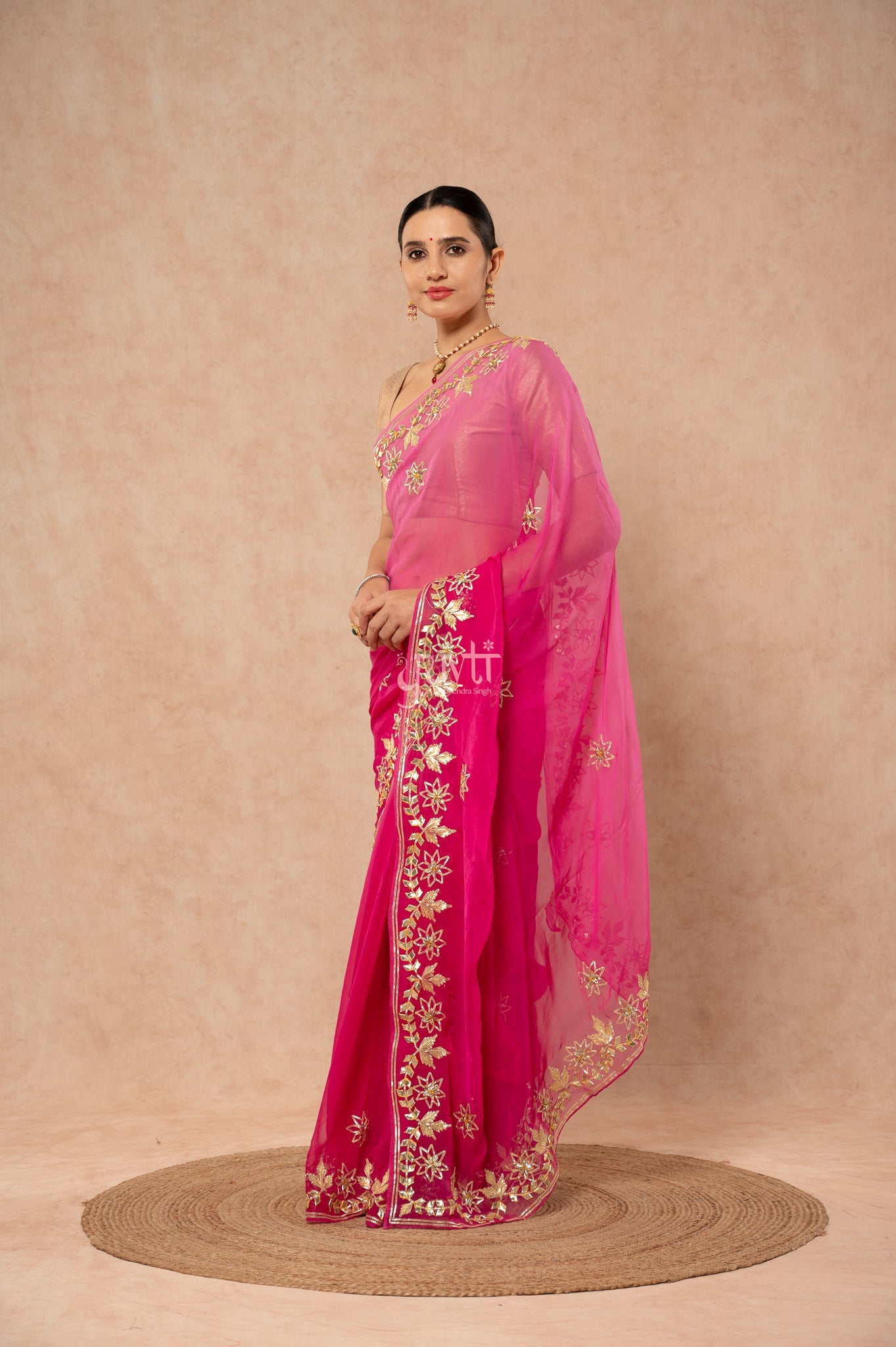 Wine Shaded Viscose Chiffon Sikhiya Gotta Patti Border Butti Saree with Blouse