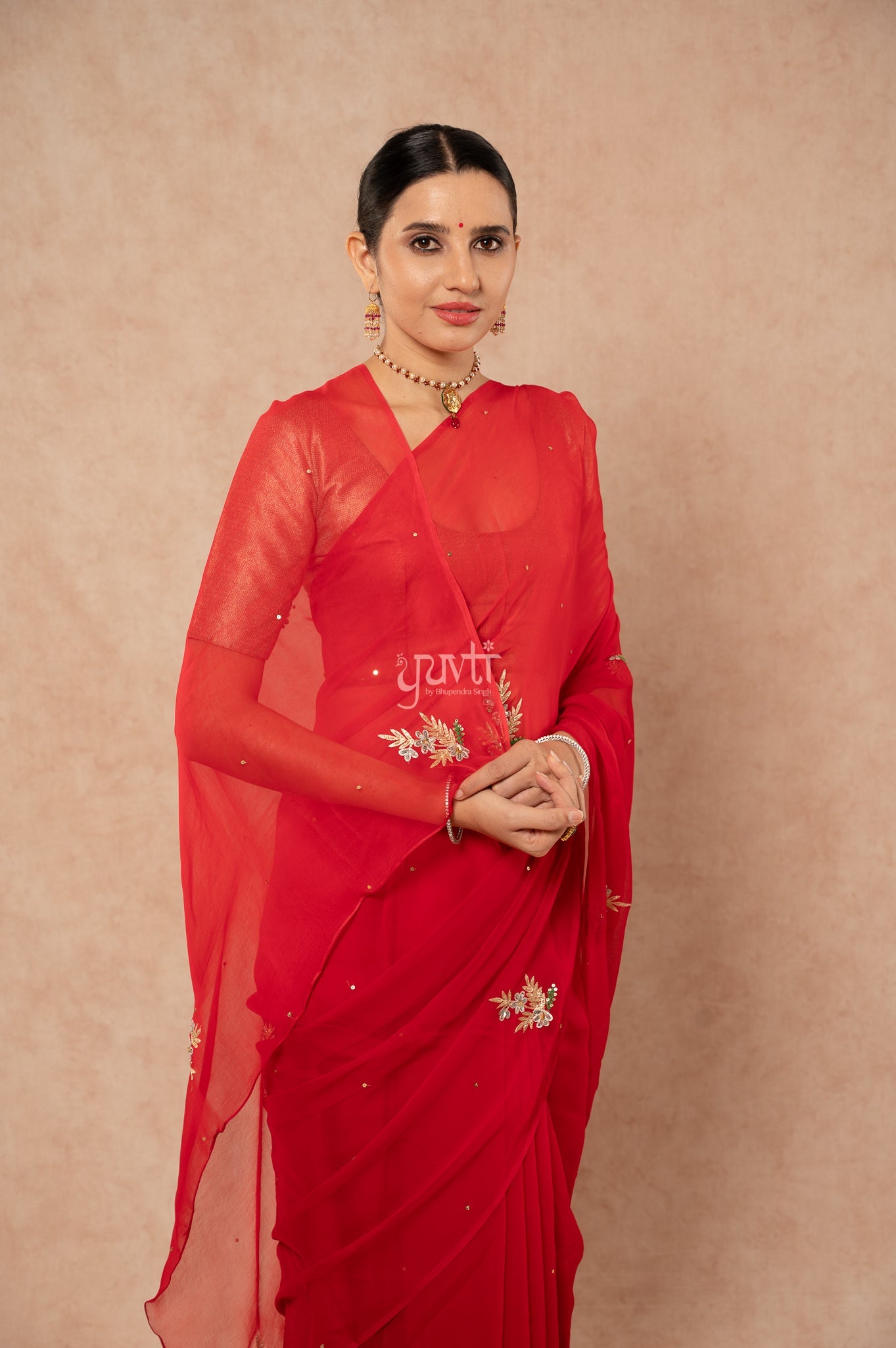 Red Shaded Viscose Chiffon Aari Sequins Resham Kardana Handwork Saree