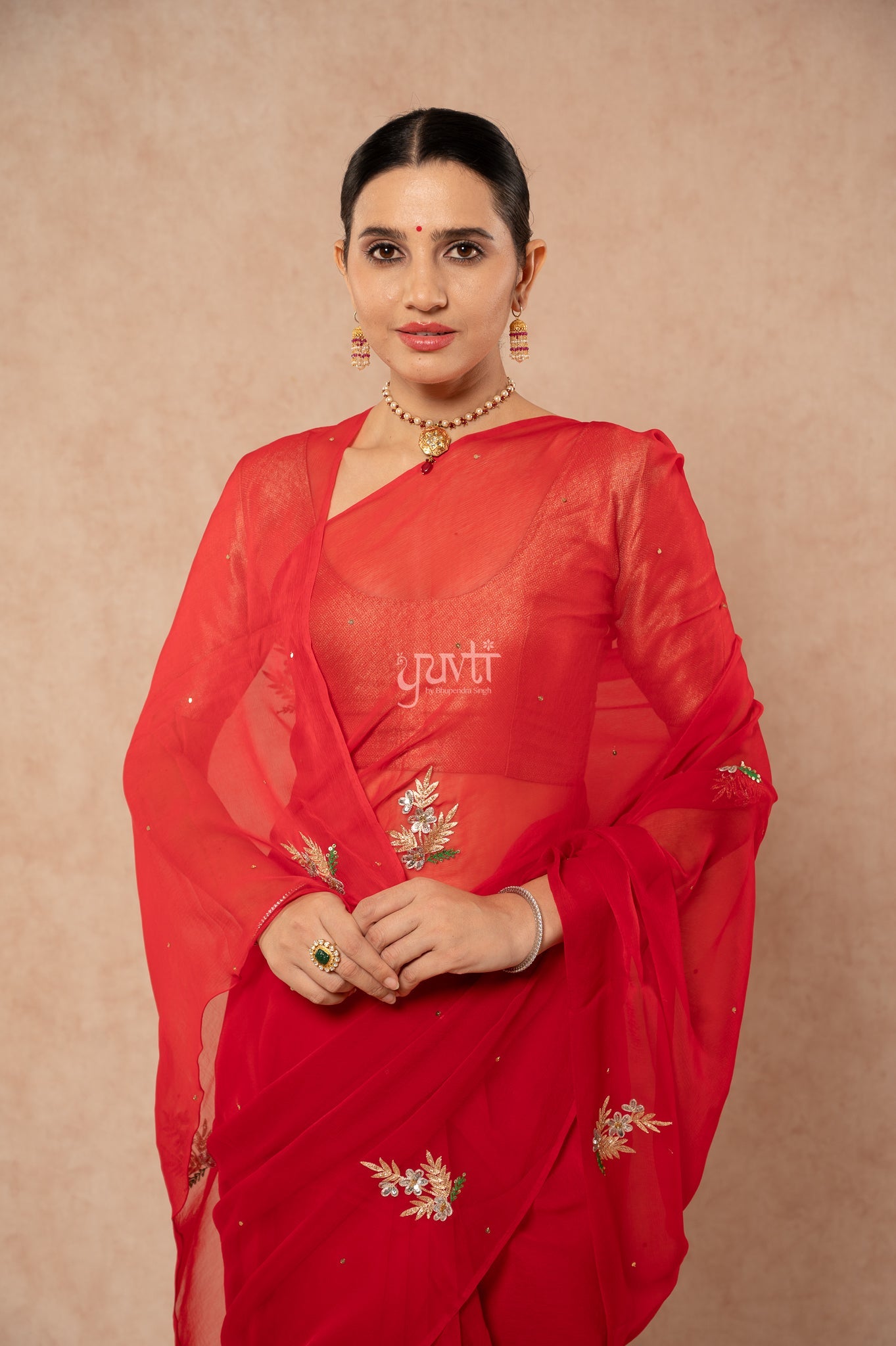 Red Shaded Viscose Chiffon Aari Sequins Resham Kardana Handwork Saree