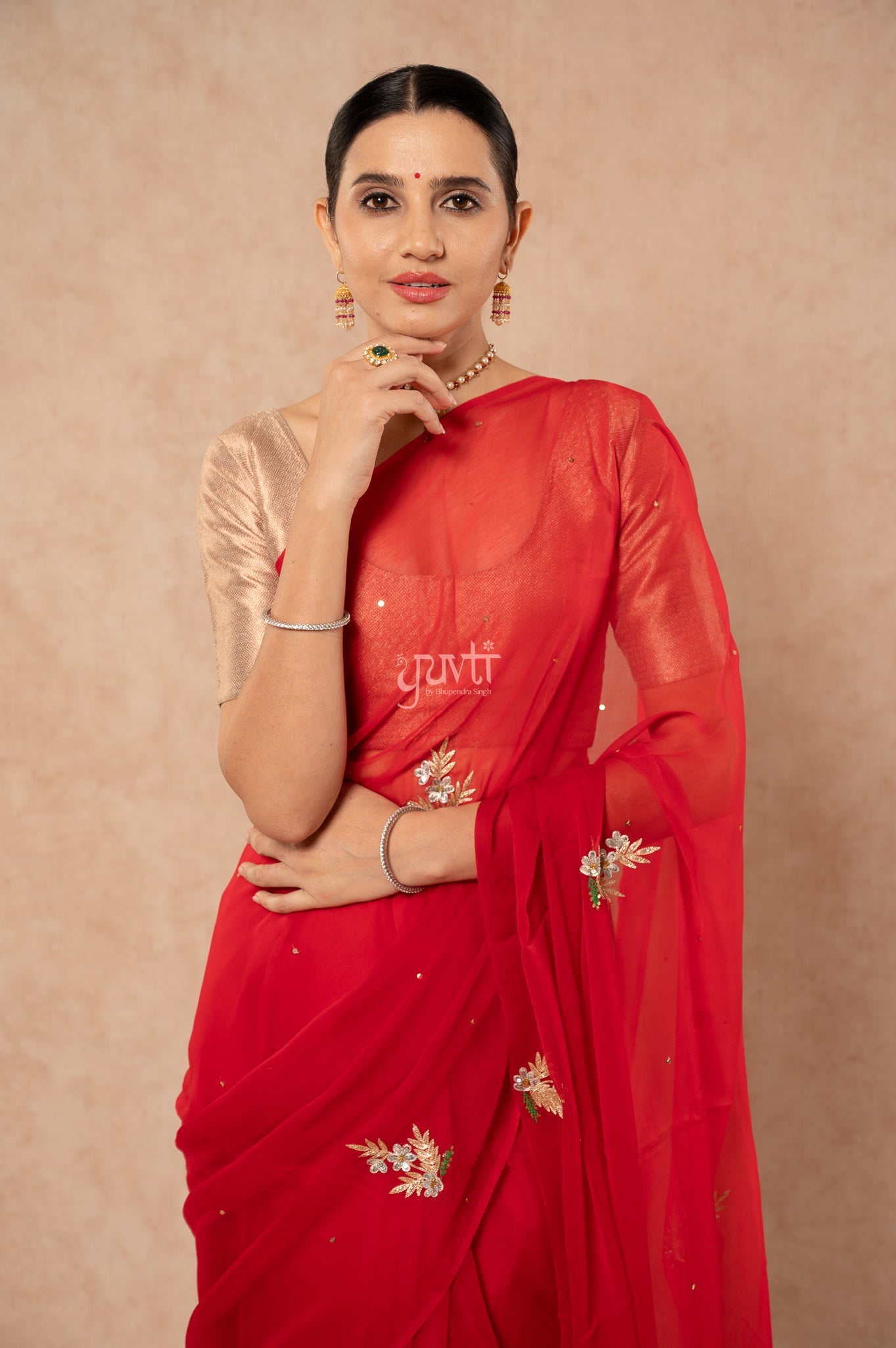 Red Shaded Viscose Chiffon Aari Sequins Resham Kardana Handwork Saree
