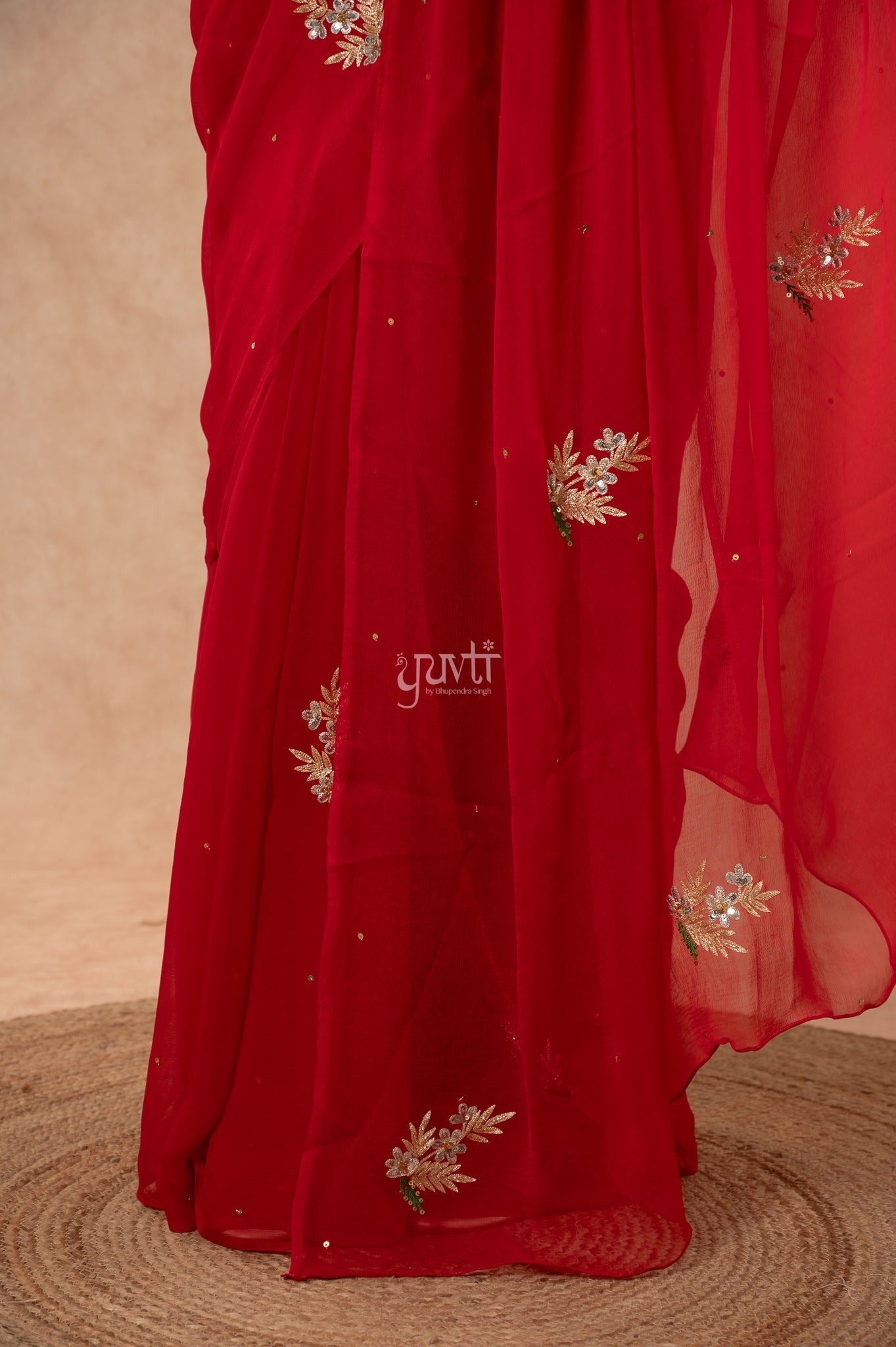 Red Shaded Viscose Chiffon Aari Sequins Resham Kardana Handwork Saree