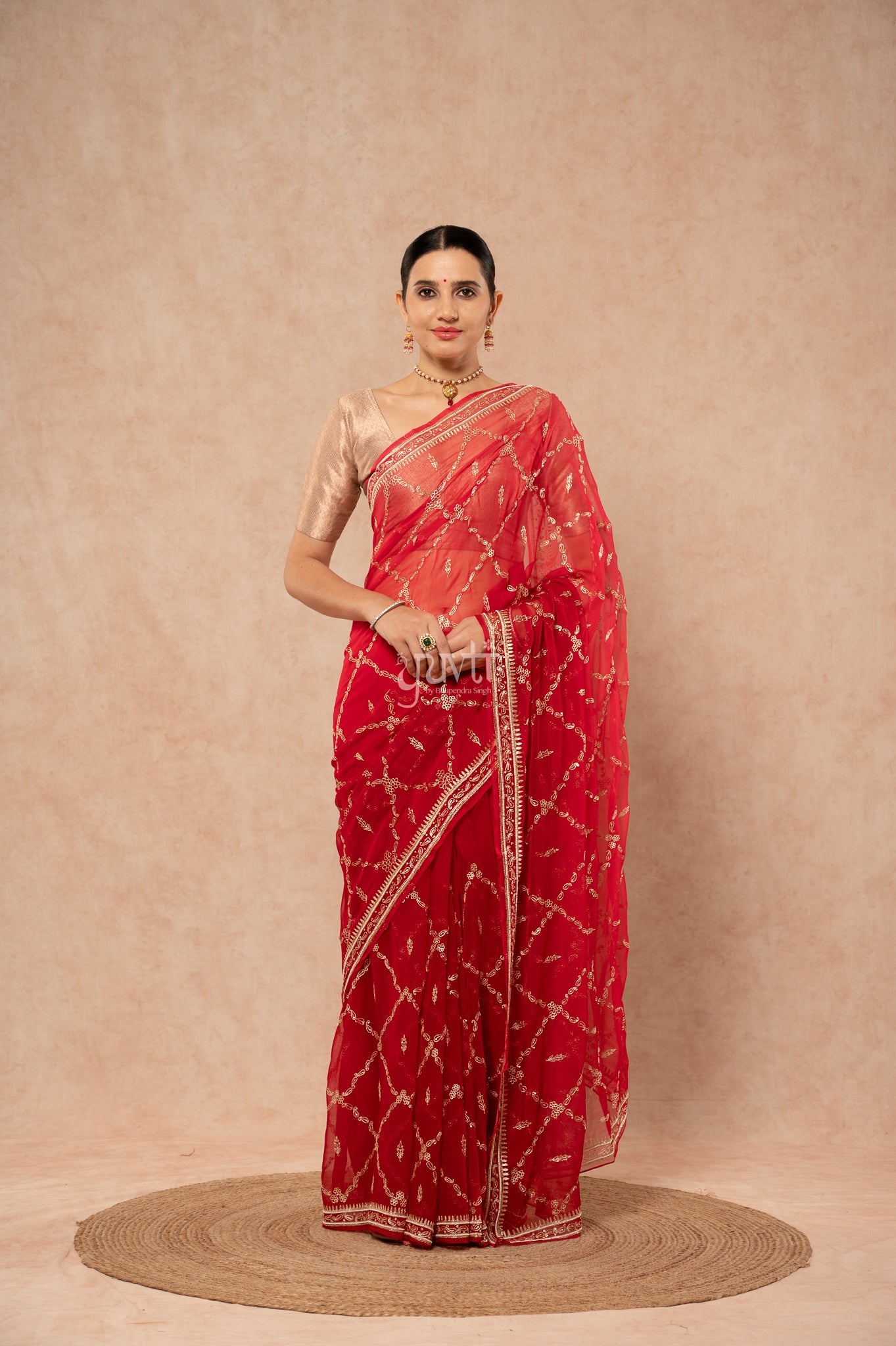 Red Viscose Chiffon Aari Border Jaal Handwork Party wear Saree with Blouse
