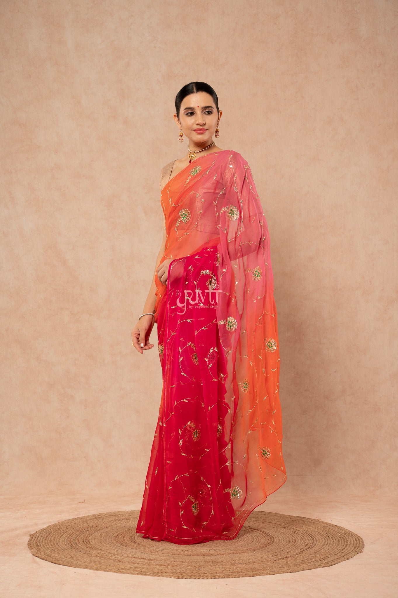 Red Rani Orange Pink Viscose Chiffon Aari Sequins Resham Handwork Saree with Blouse