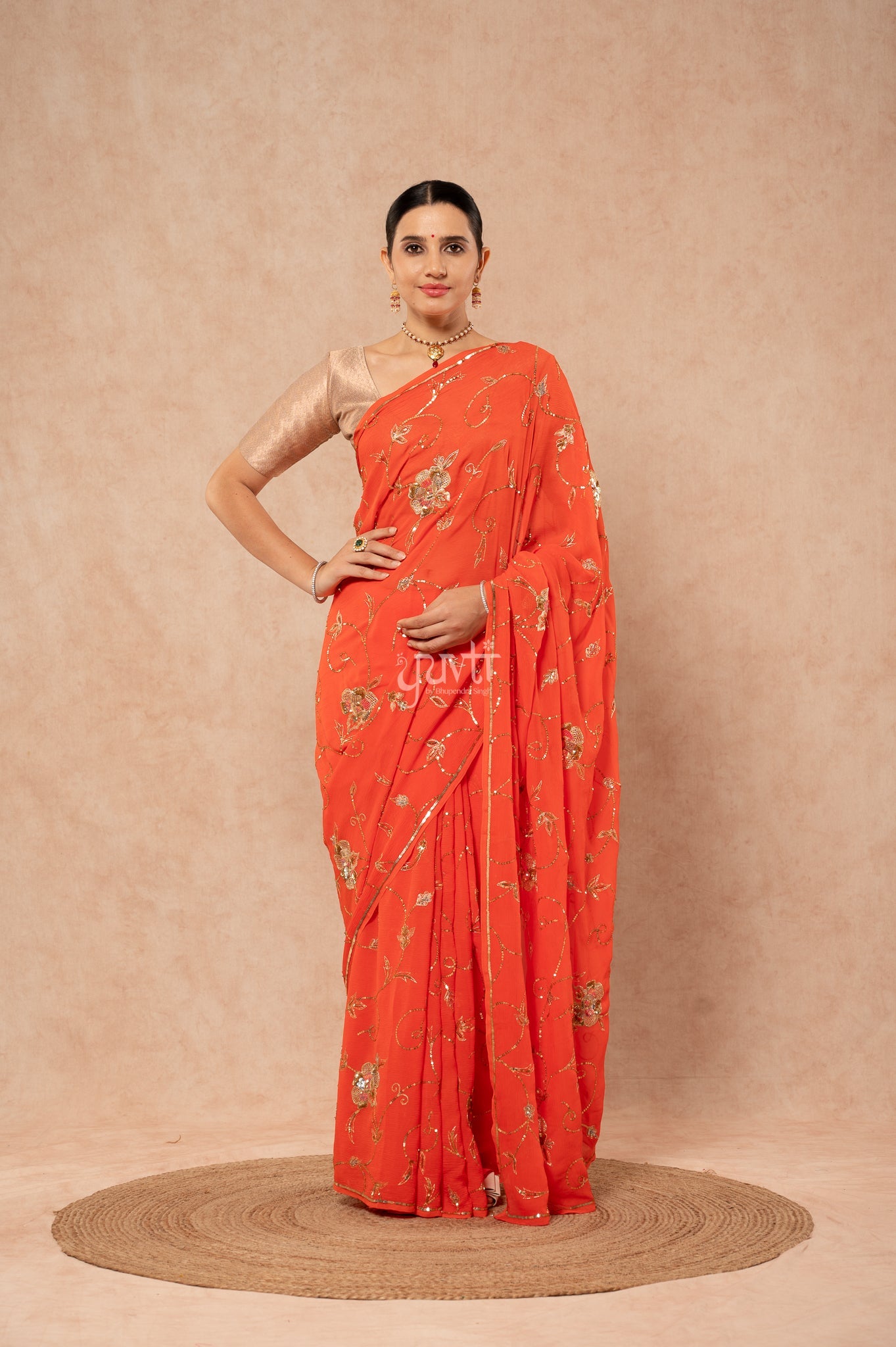 Orange Viscose Chiffon Aari Sequins jaal Handwork Saree with Blouse