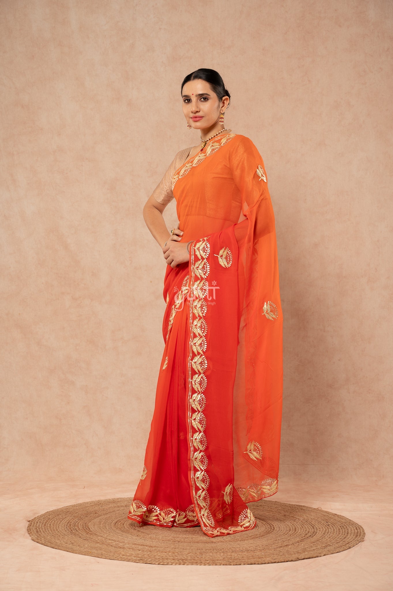 Orange Shaded Viscose Chiffon Sikhiya Gota Zari Border Butti Saree with Blouse