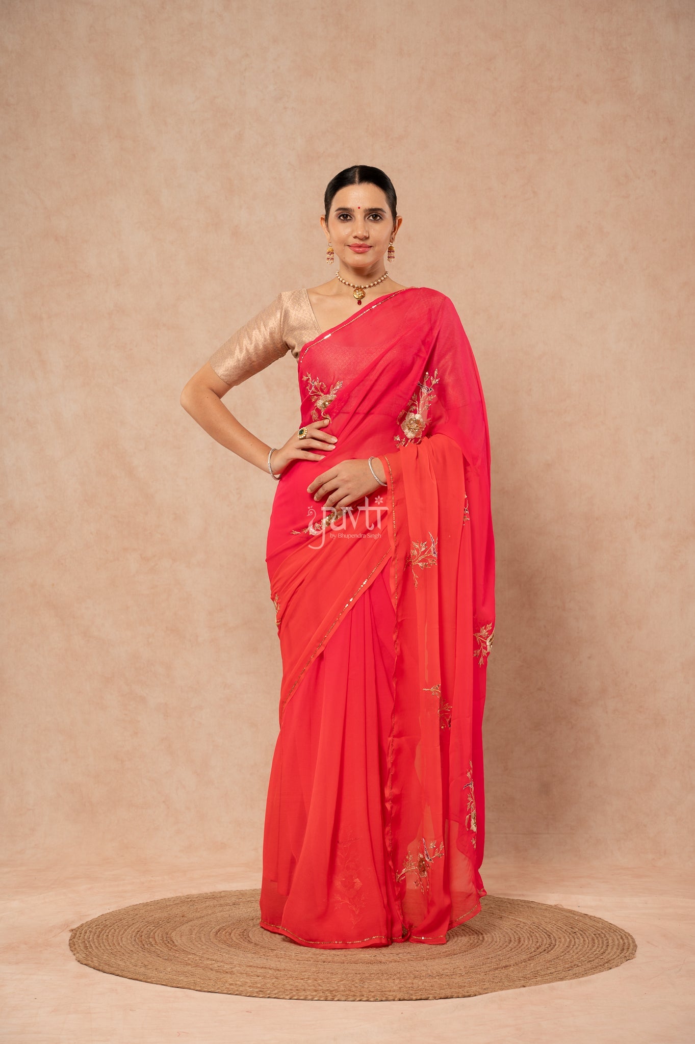 Orange Shaded Pure Chiffon Aari Sequins Kardana Motifs ( Butti ) Handwork Party wear Saree with Blouse