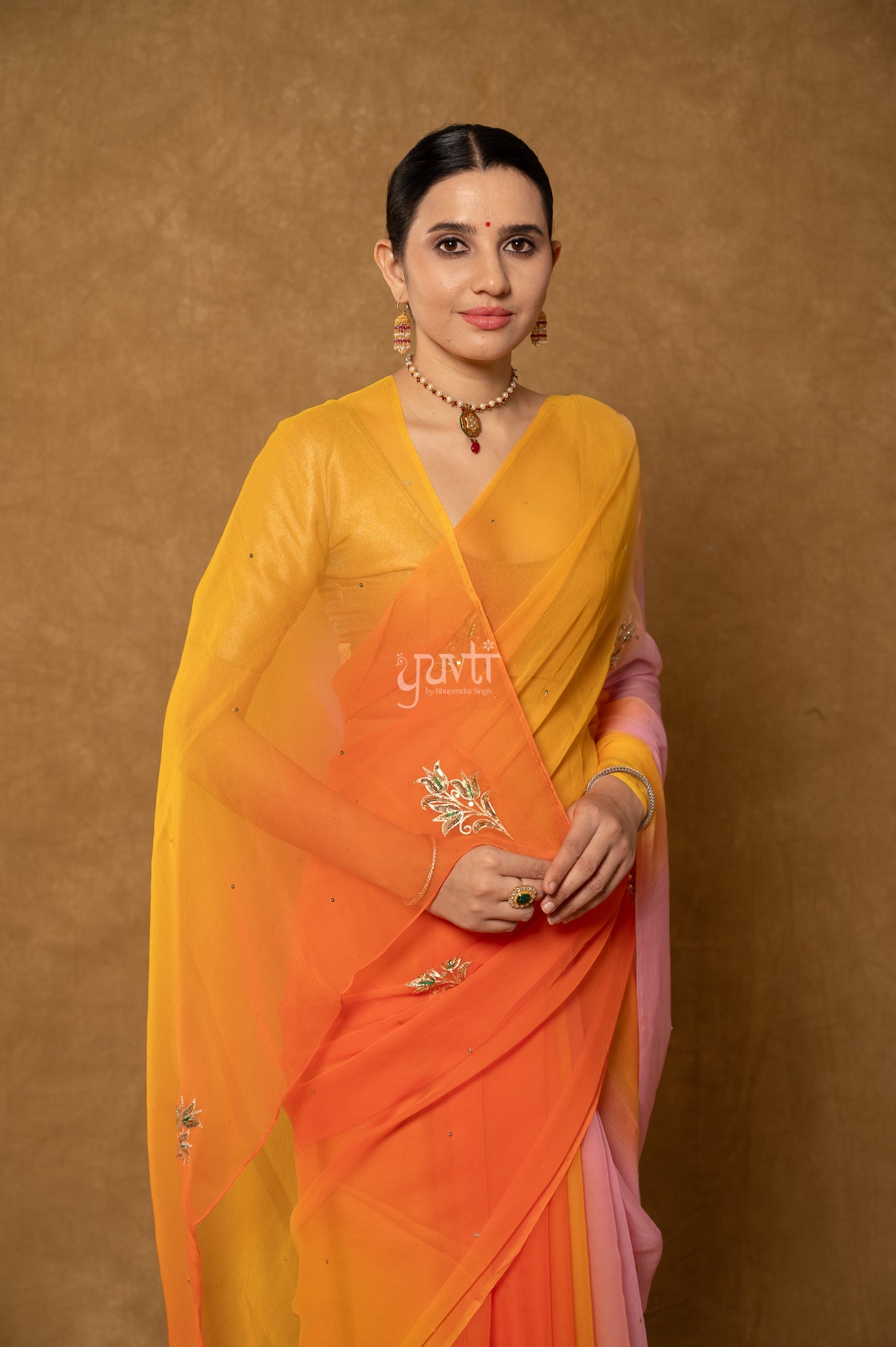 Yellow Orange Pink Multi Viscose Chiffon Aari Sequins Motifs ( Butti ) Handwork Saree with Blouse