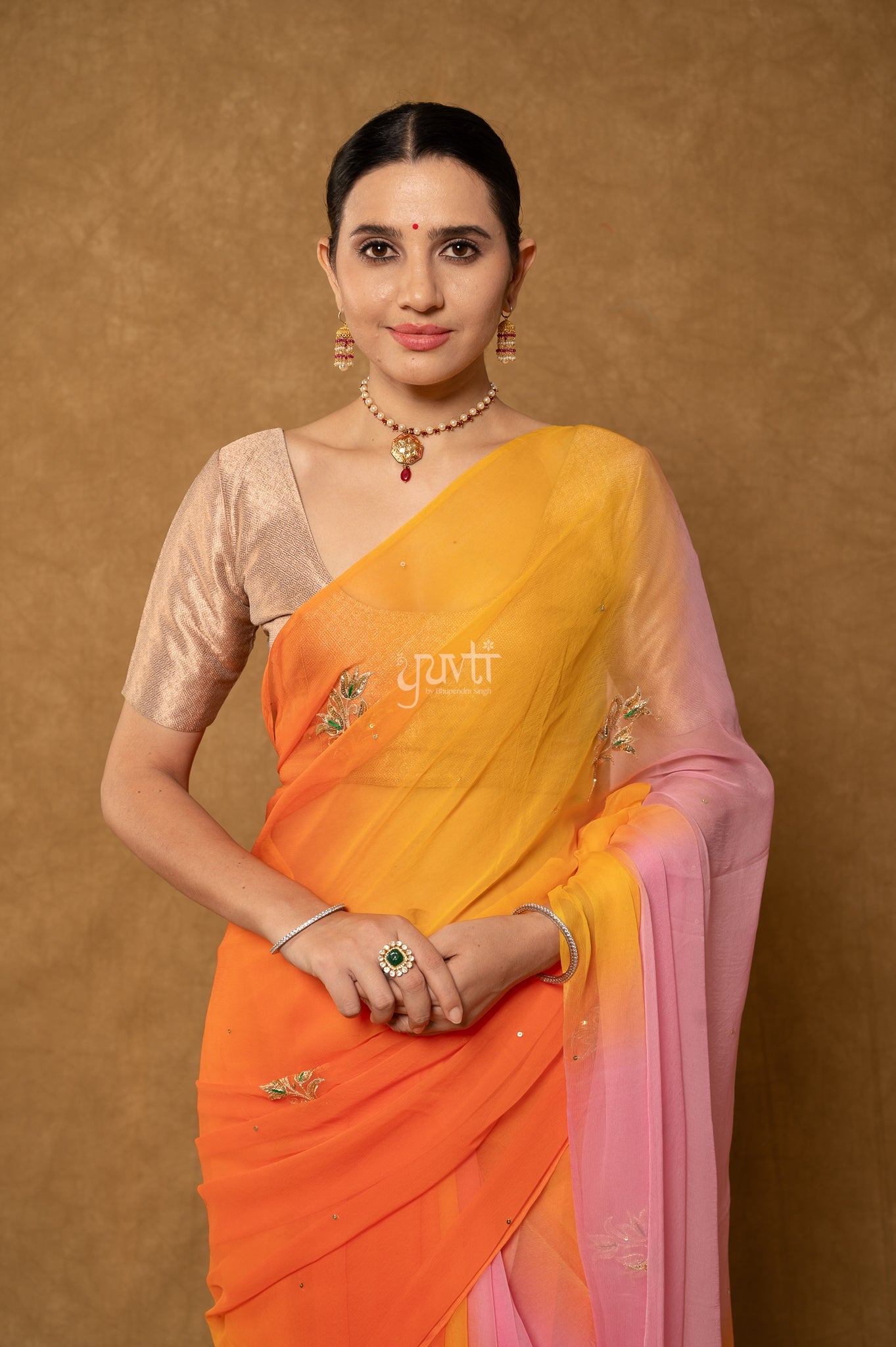 Yellow Orange Pink Multi Viscose Chiffon Aari Sequins Motifs ( Butti ) Handwork Saree with Blouse