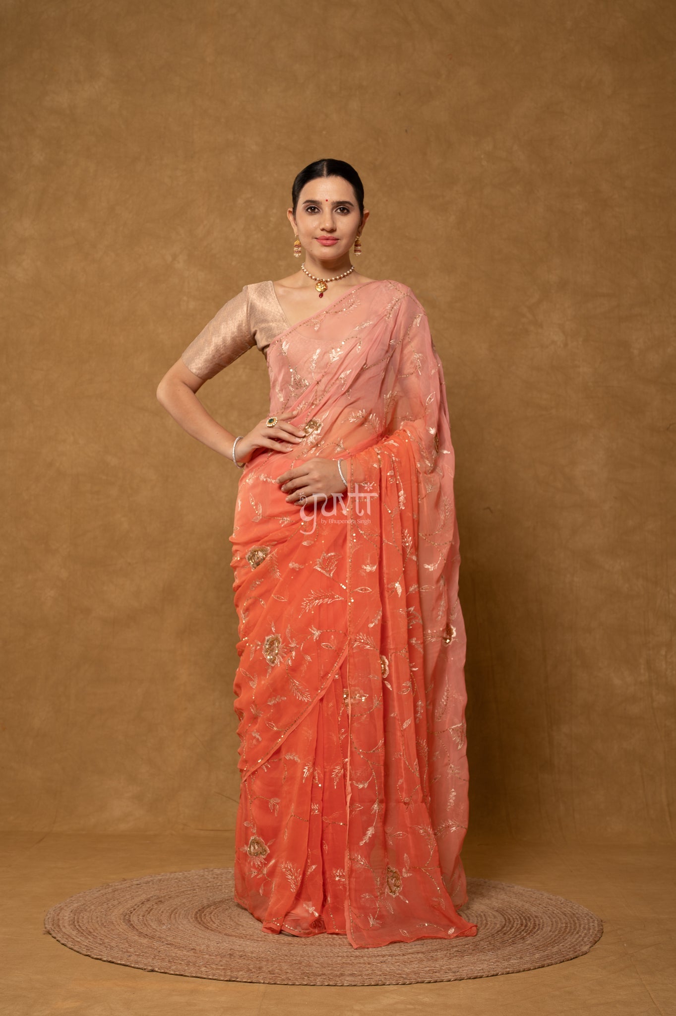 Peach Pink Viscose Chiffon Aari Sequins Jaal Handwork Party Wear Saree with Blouse