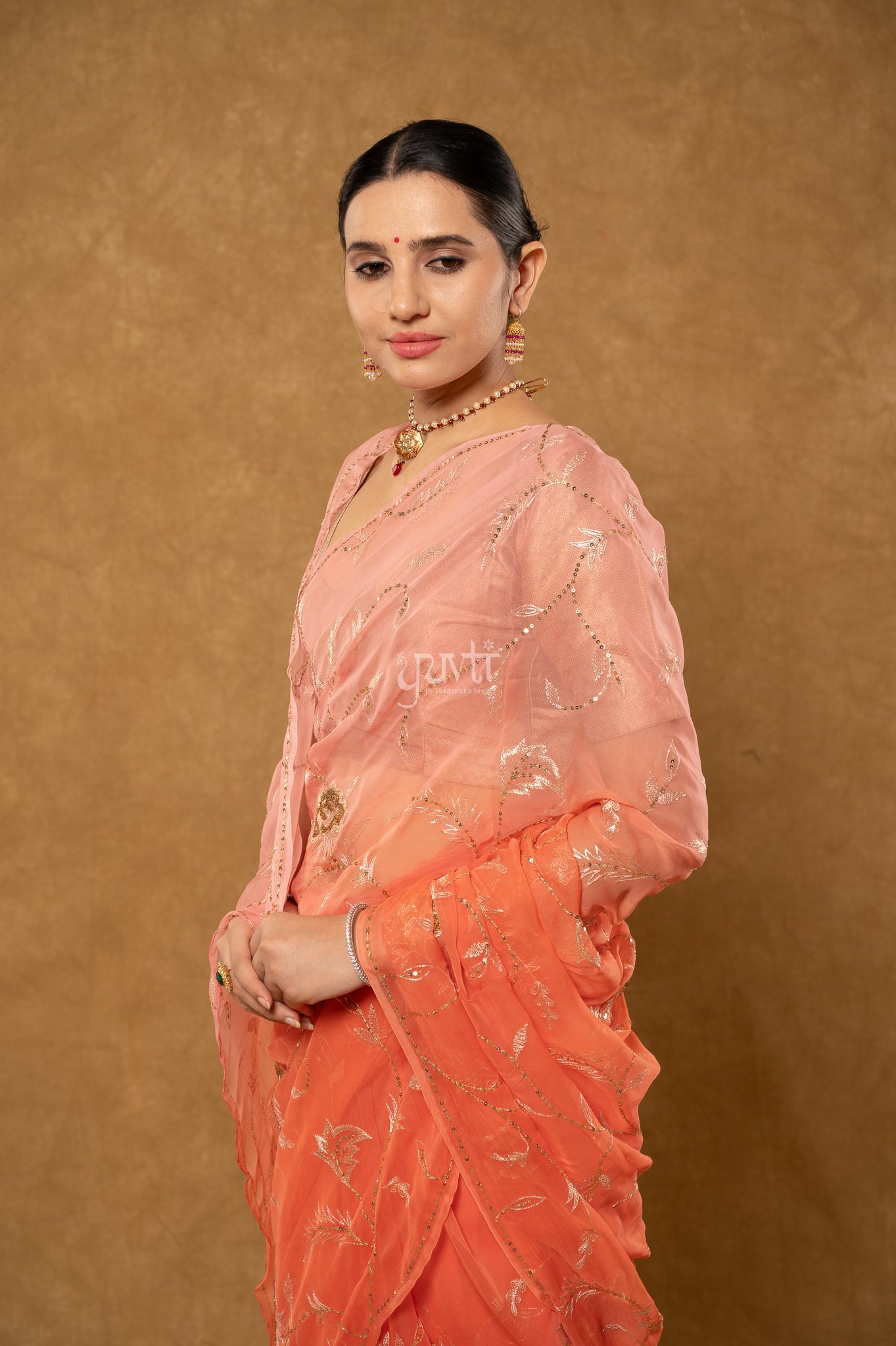 Peach Pink Viscose Chiffon Aari Sequins Jaal Handwork Party Wear Saree with Blouse