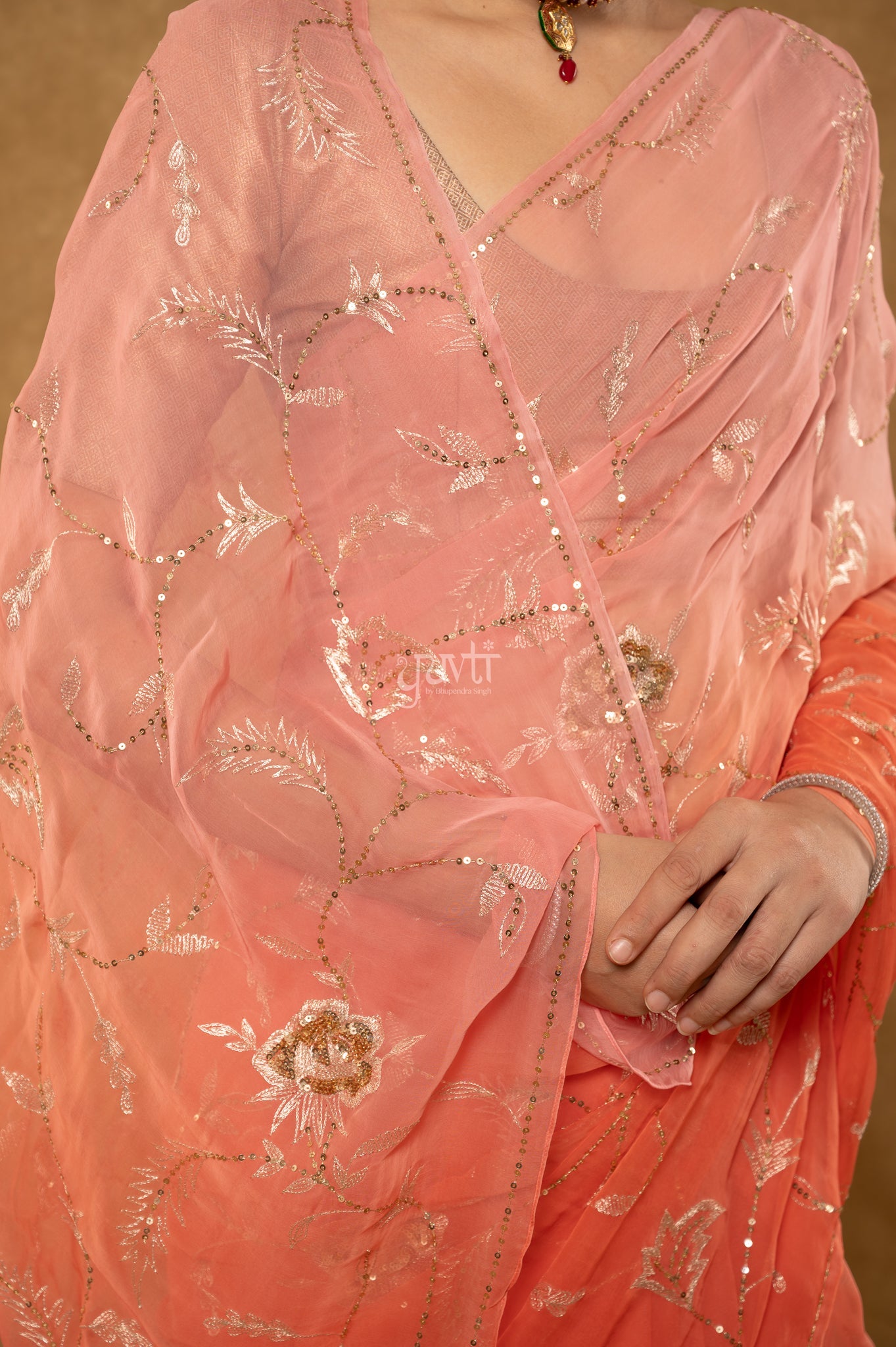 Peach Pink Viscose Chiffon Aari Sequins Jaal Handwork Party Wear Saree with Blouse