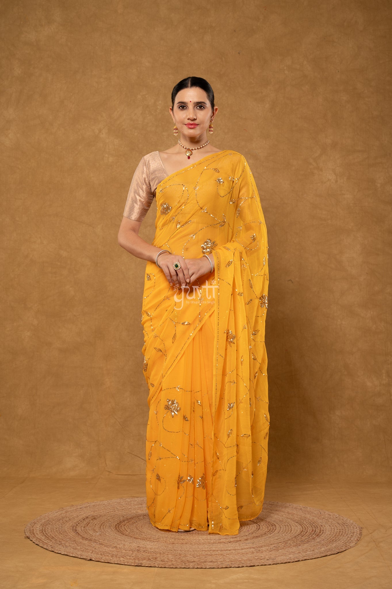 Yellow Viscose Chiffon Sequins Jaal Handwork Party Wear Saree with Blouse