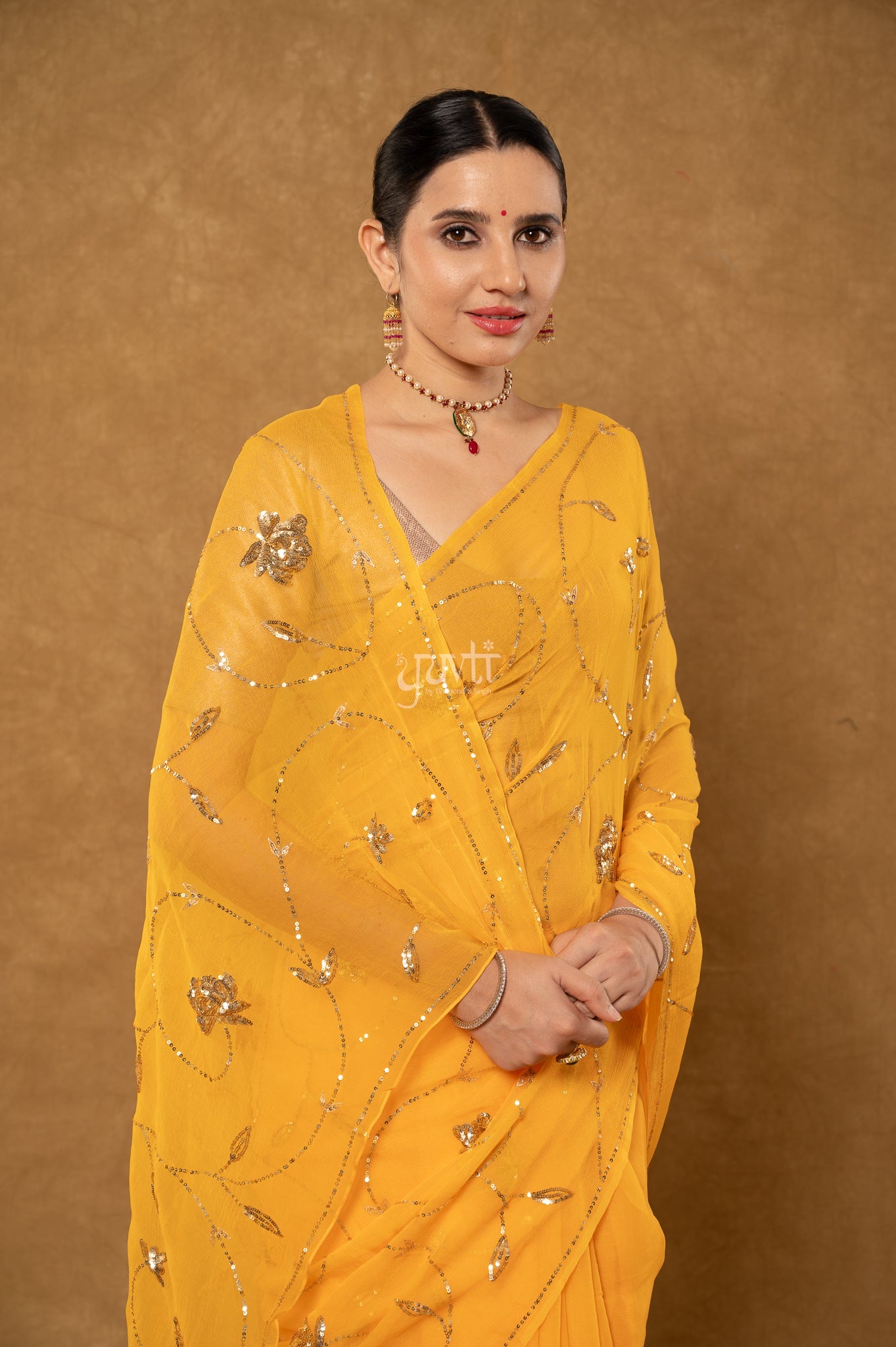 Yellow Viscose Chiffon Sequins Jaal Handwork Party Wear Saree with Blouse