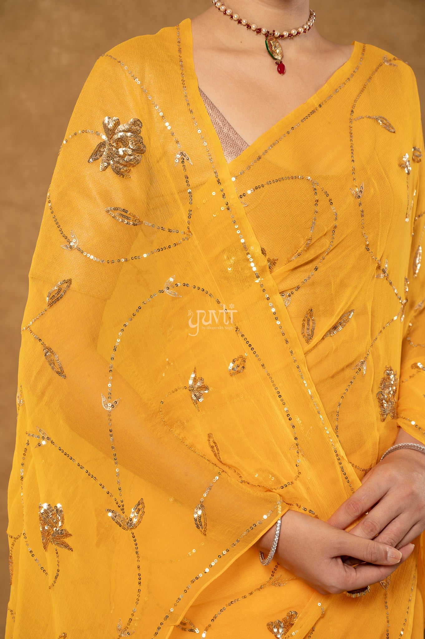 Yellow Viscose Chiffon Sequins Jaal Handwork Party Wear Saree with Blouse