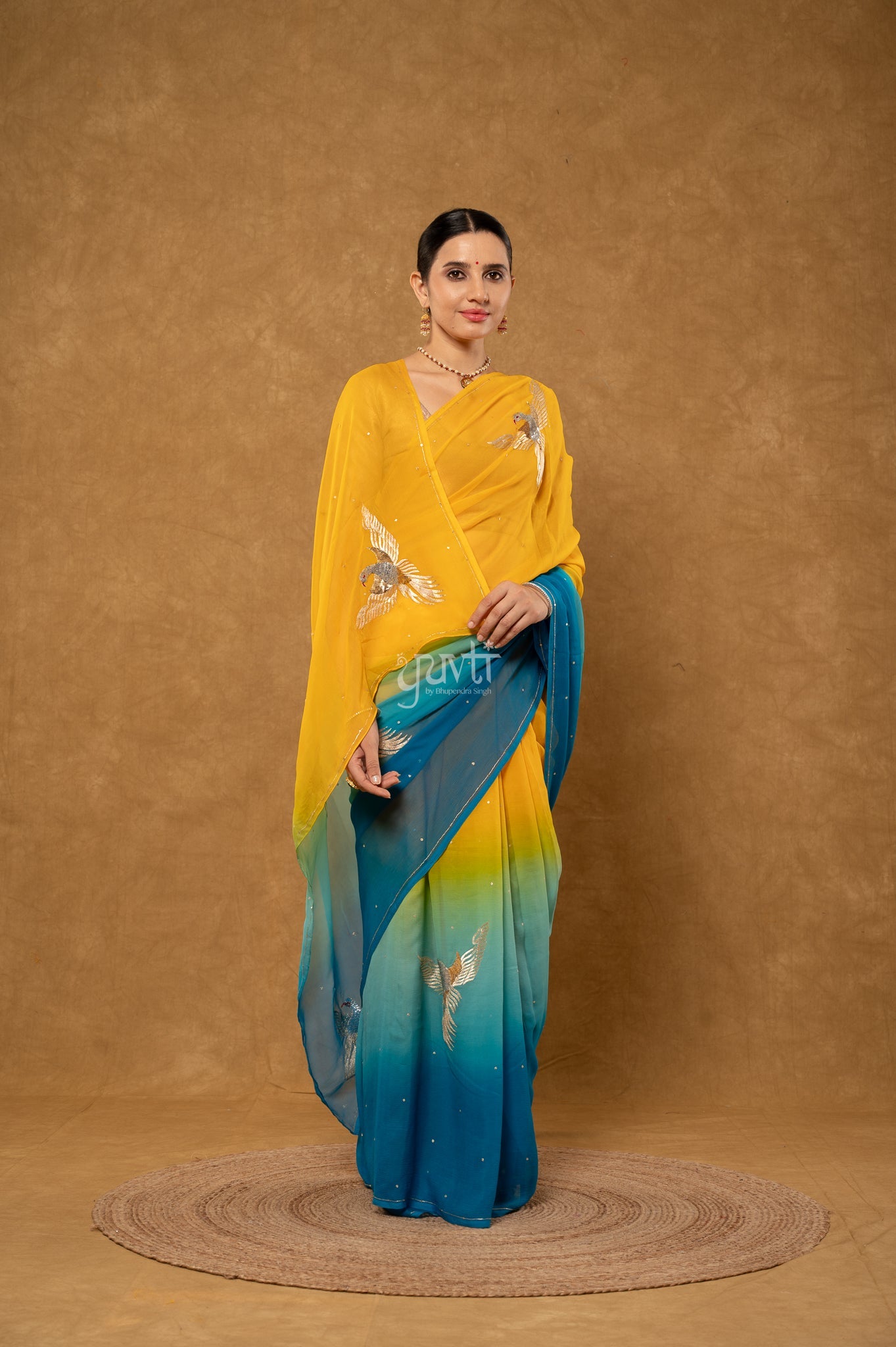 Yellow Blue Shaded Pure Chiffon Aari Sequins Motifs ( Butti ) Handwork Party wear Saree