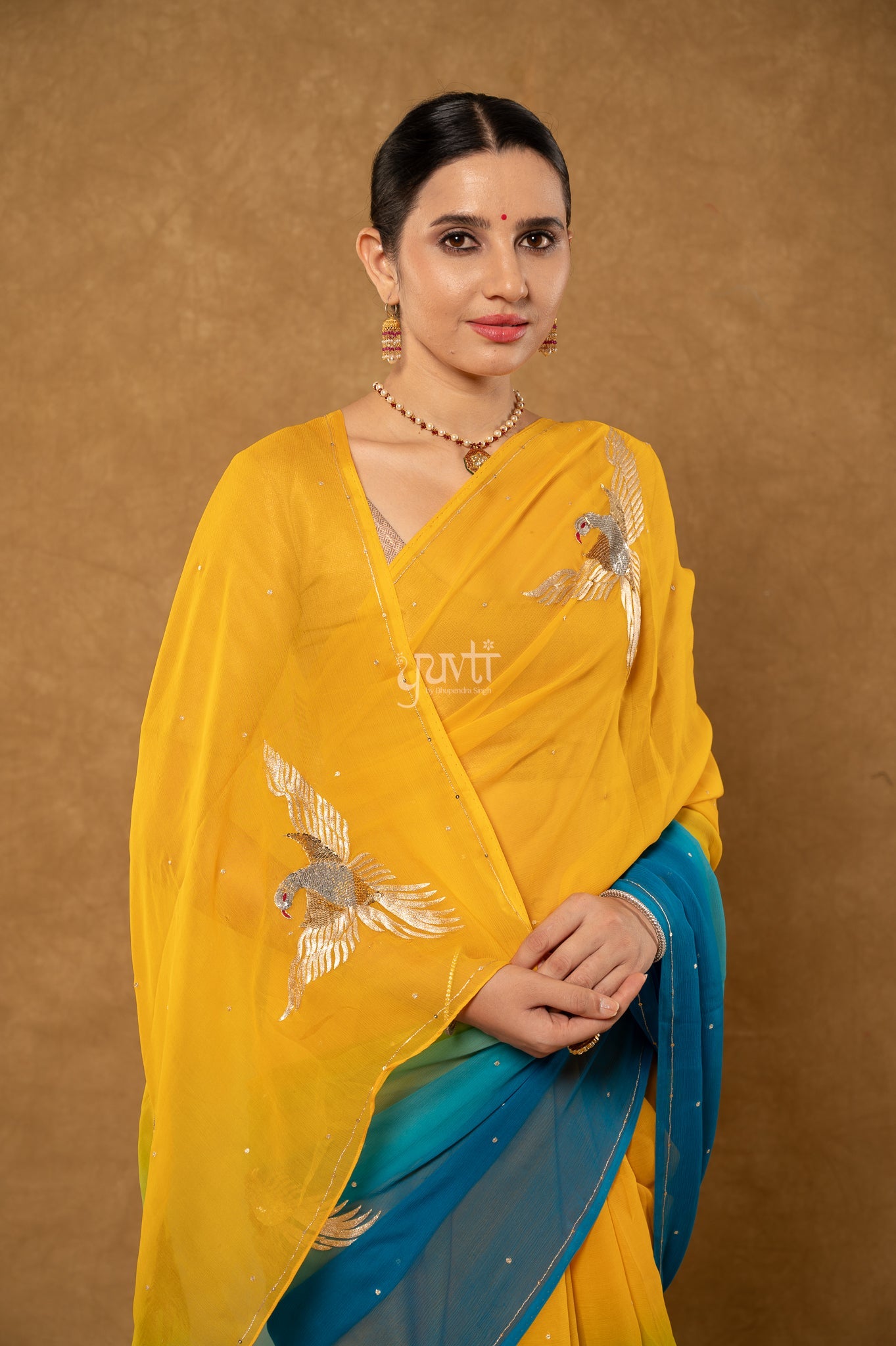 Yellow Blue Shaded Pure Chiffon Aari Sequins Motifs ( Butti ) Handwork Party wear Saree