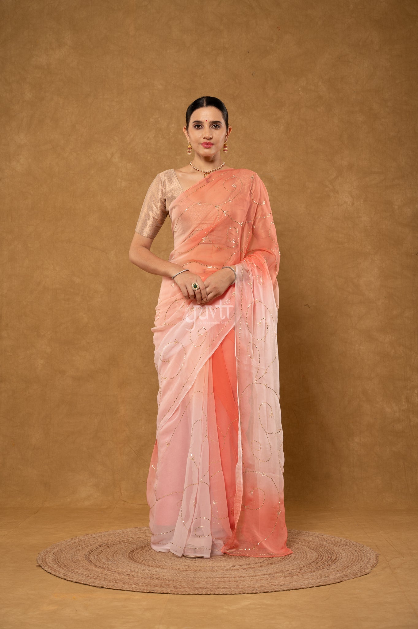Peach Shaded Viscose Chiffon Aari Sequins Jaal Handwork Party wear Saree