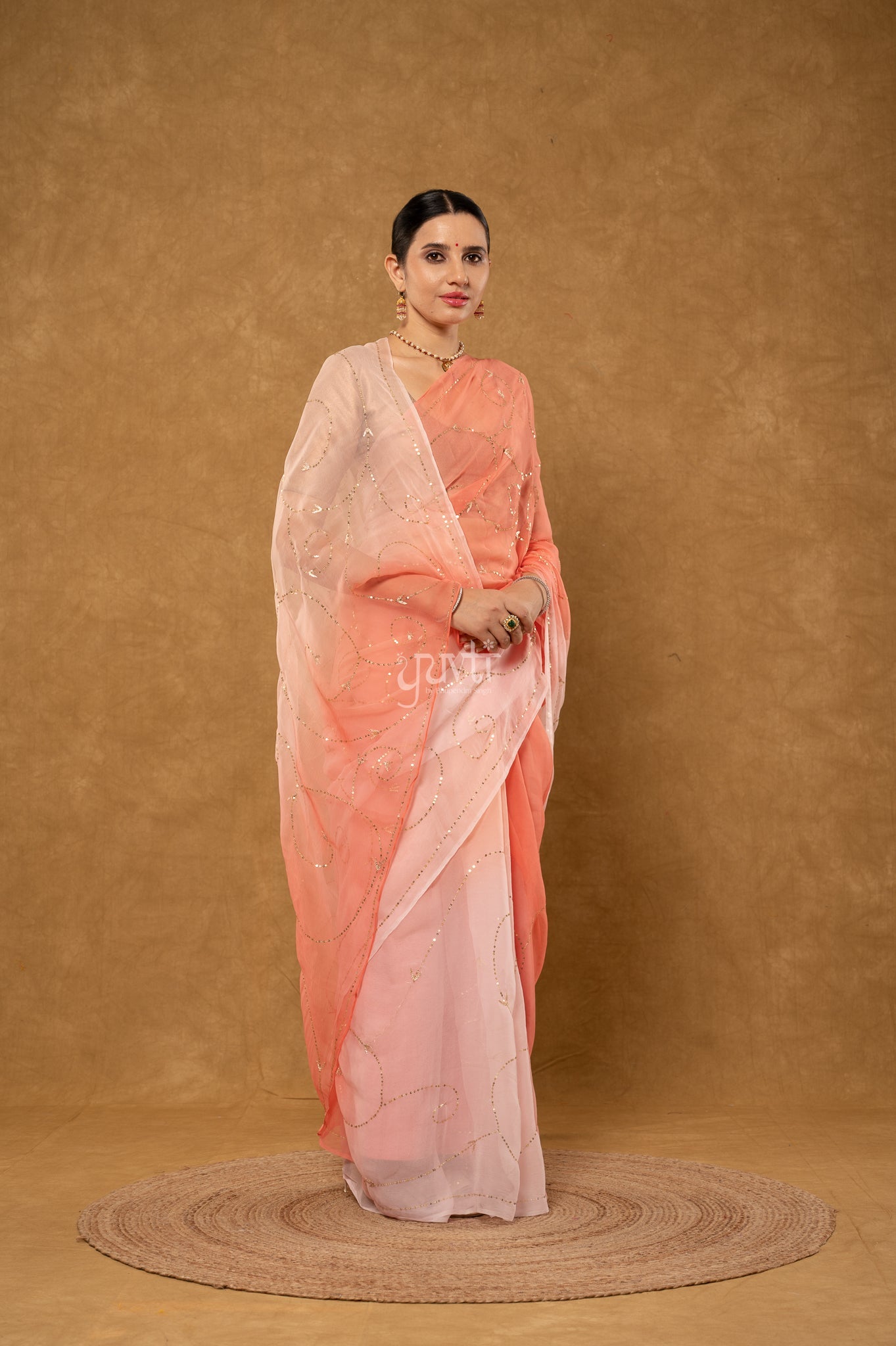 Peach Shaded Viscose Chiffon Aari Sequins Jaal Handwork Party wear Saree