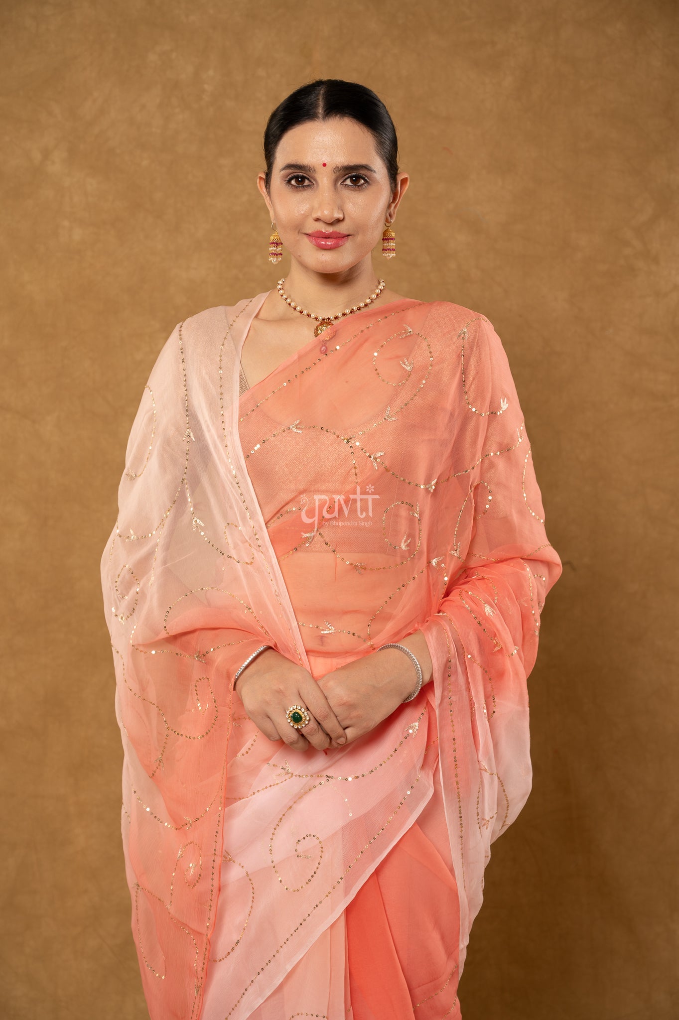Peach Shaded Viscose Chiffon Aari Sequins Jaal Handwork Party wear Saree