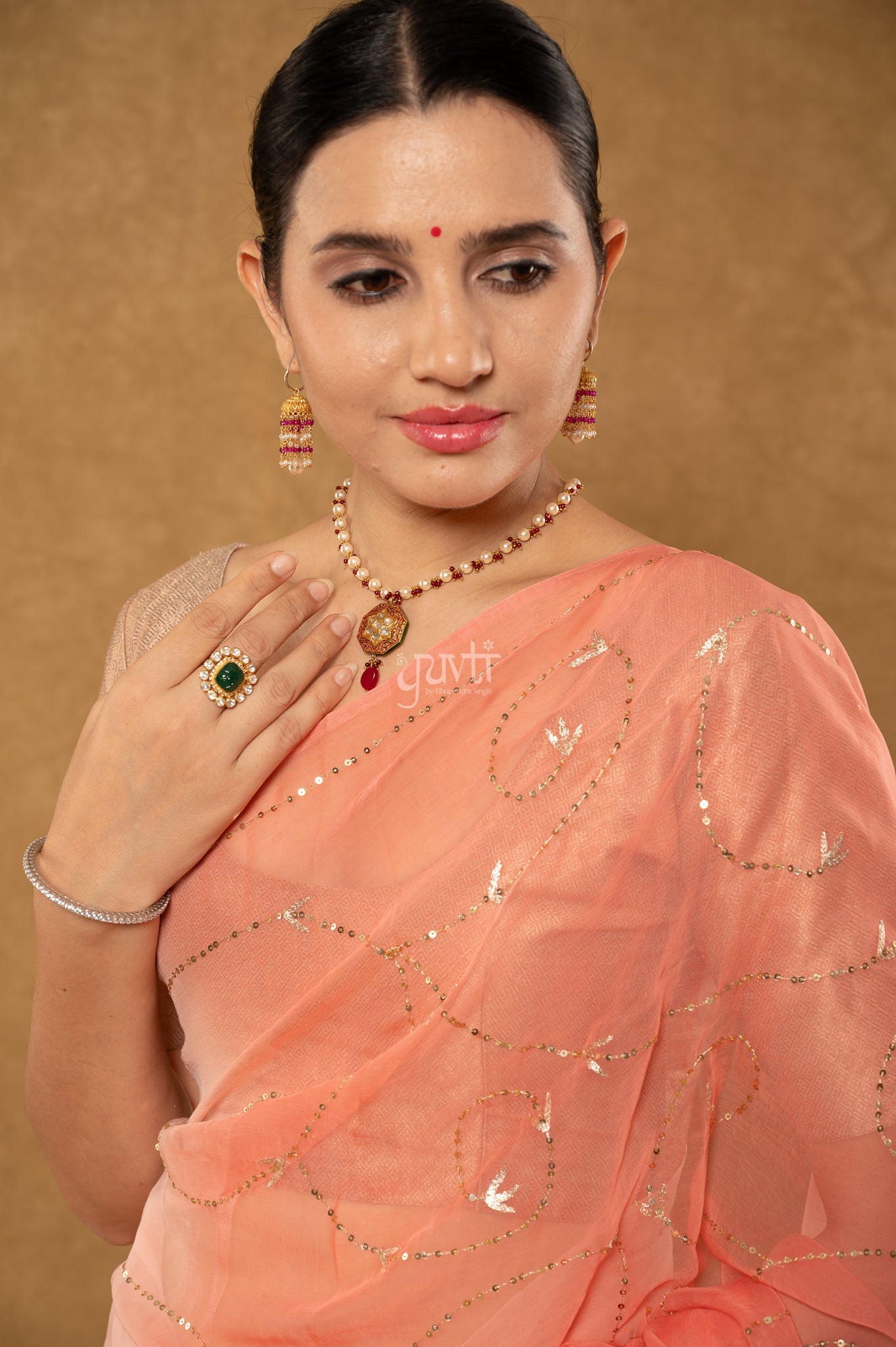 Peach Shaded Viscose Chiffon Aari Sequins Jaal Handwork Party wear Saree