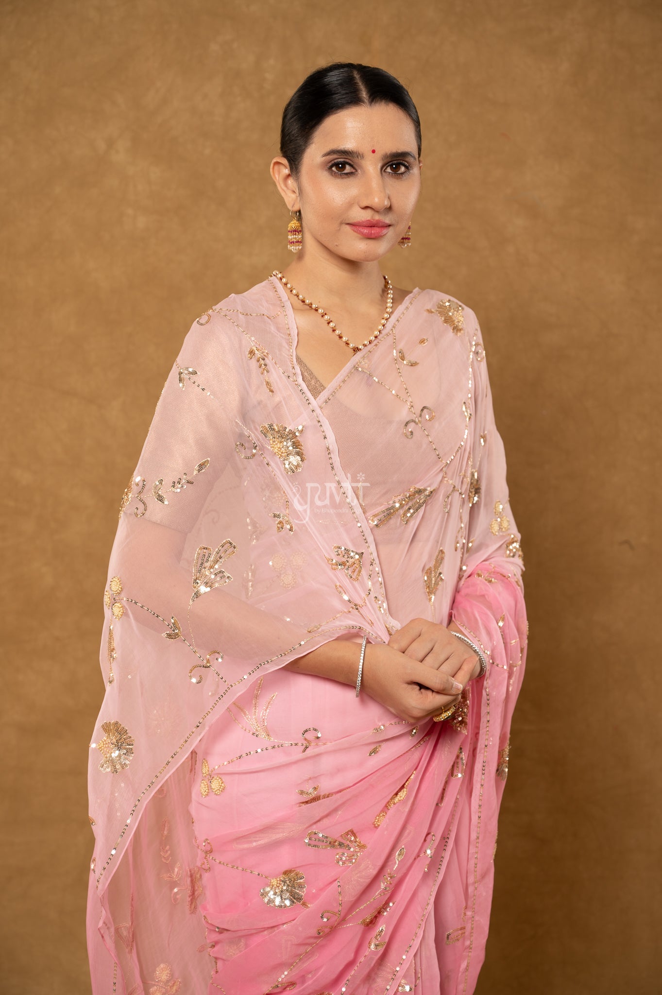 Peach Pink Viscose Chiffon Aari Sequins Jaal Handwork Party wear Saree
