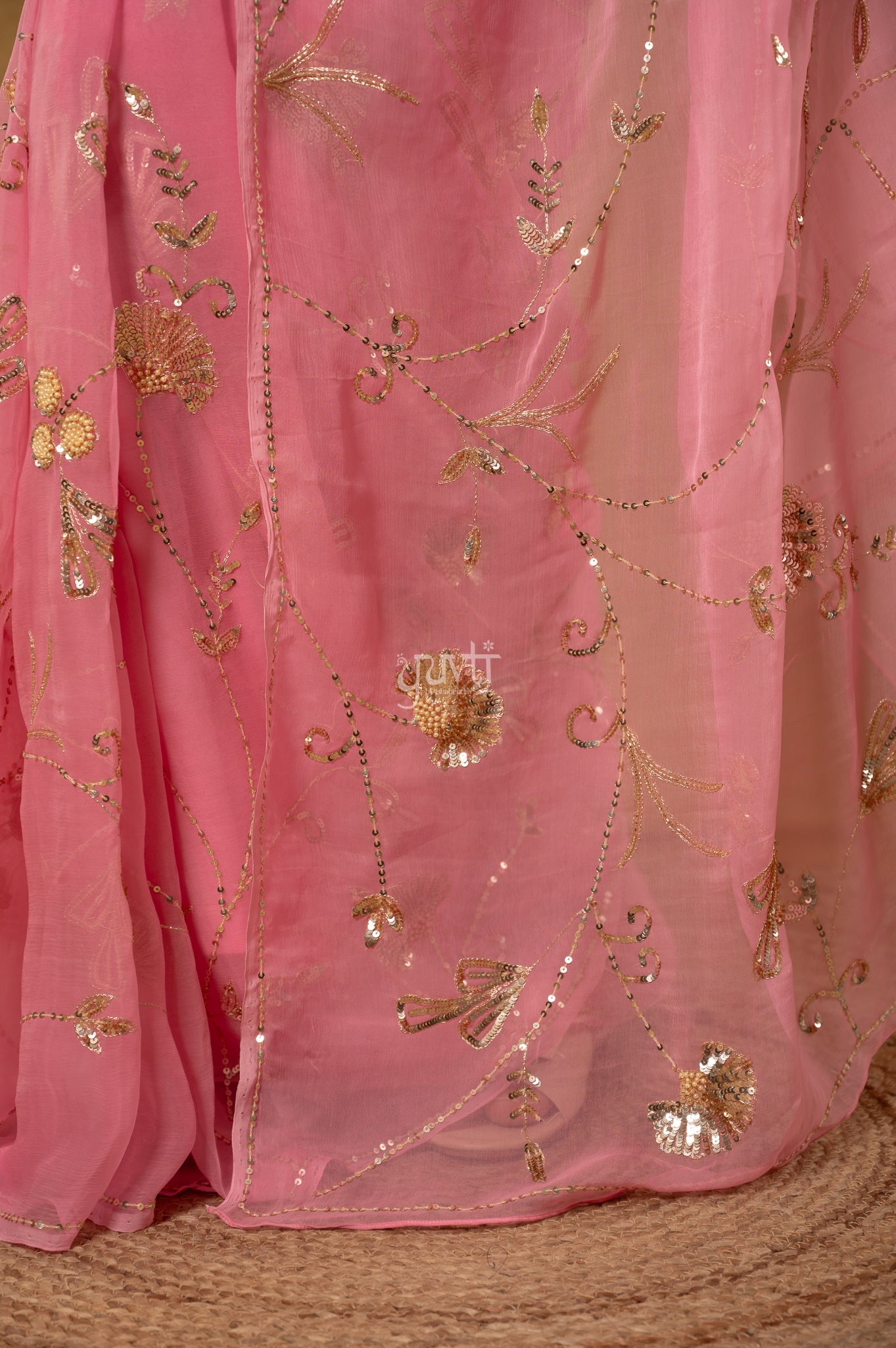 Peach Pink Viscose Chiffon Aari Sequins Jaal Handwork Party wear Saree