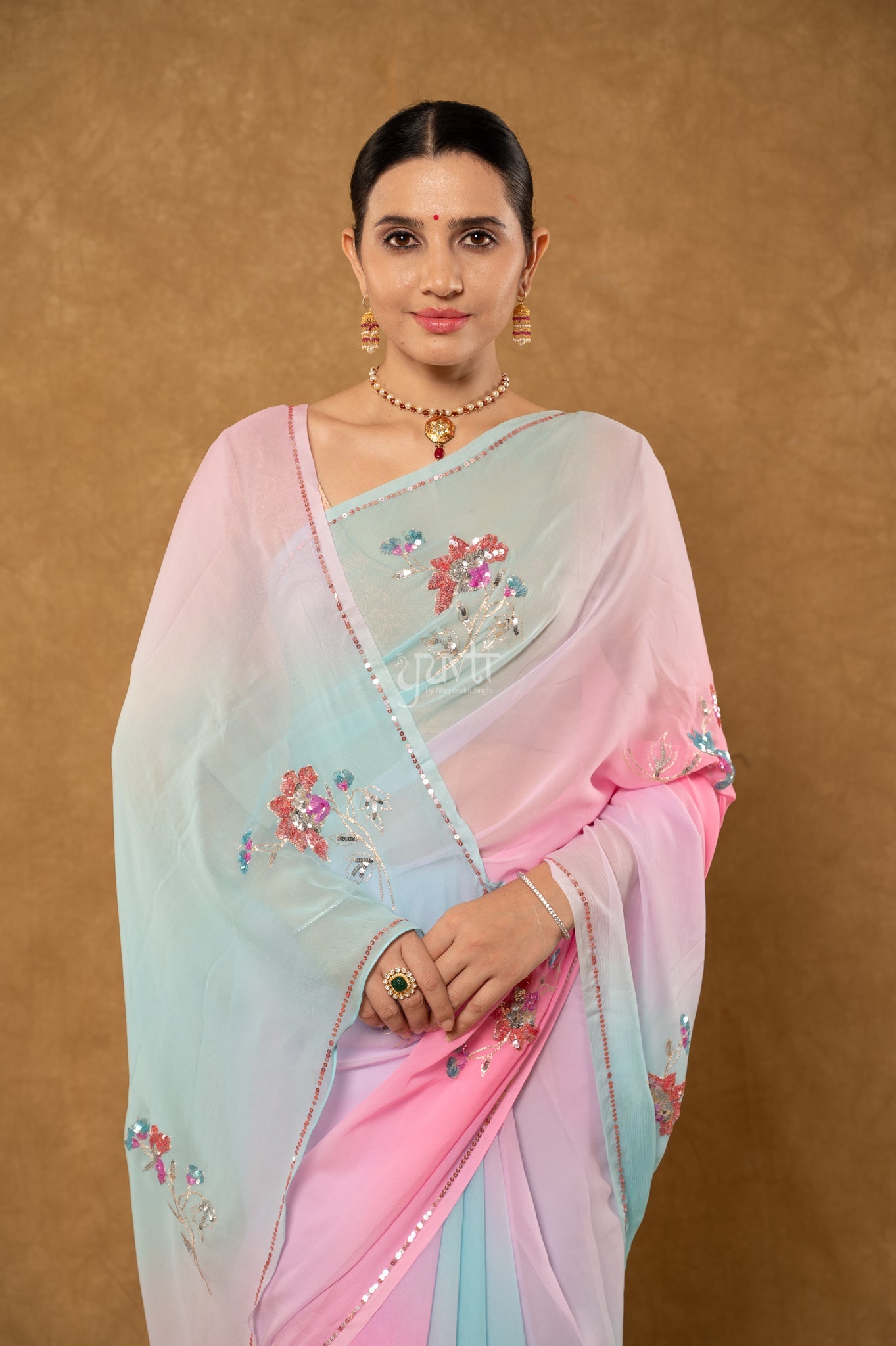 Pink Sky Shaded Viscose Chiffon Aari Sequins Motifs ( Butti ) handwork Party Saree