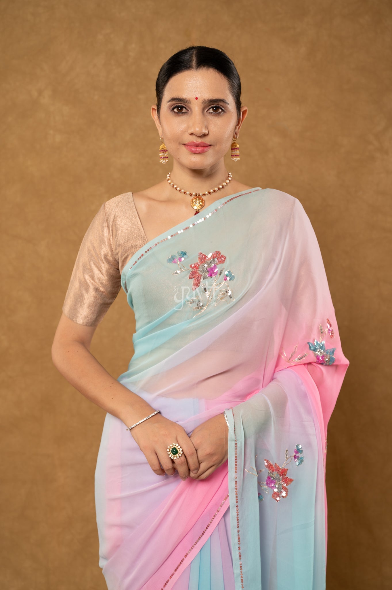 Pink Sky Shaded Viscose Chiffon Aari Sequins Motifs ( Butti ) handwork Party Saree