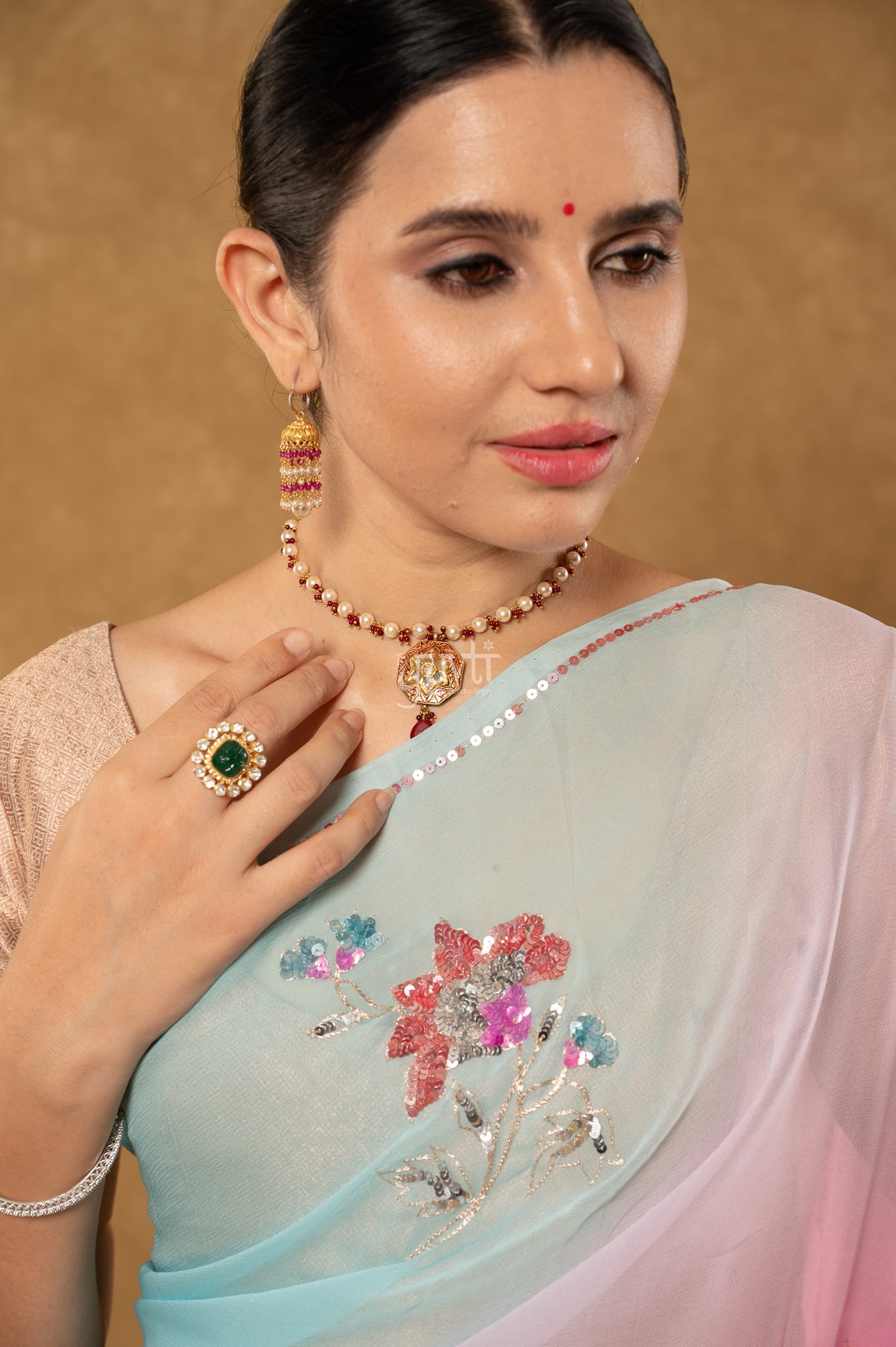 Pink Sky Shaded Viscose Chiffon Aari Sequins Motifs ( Butti ) handwork Party Saree