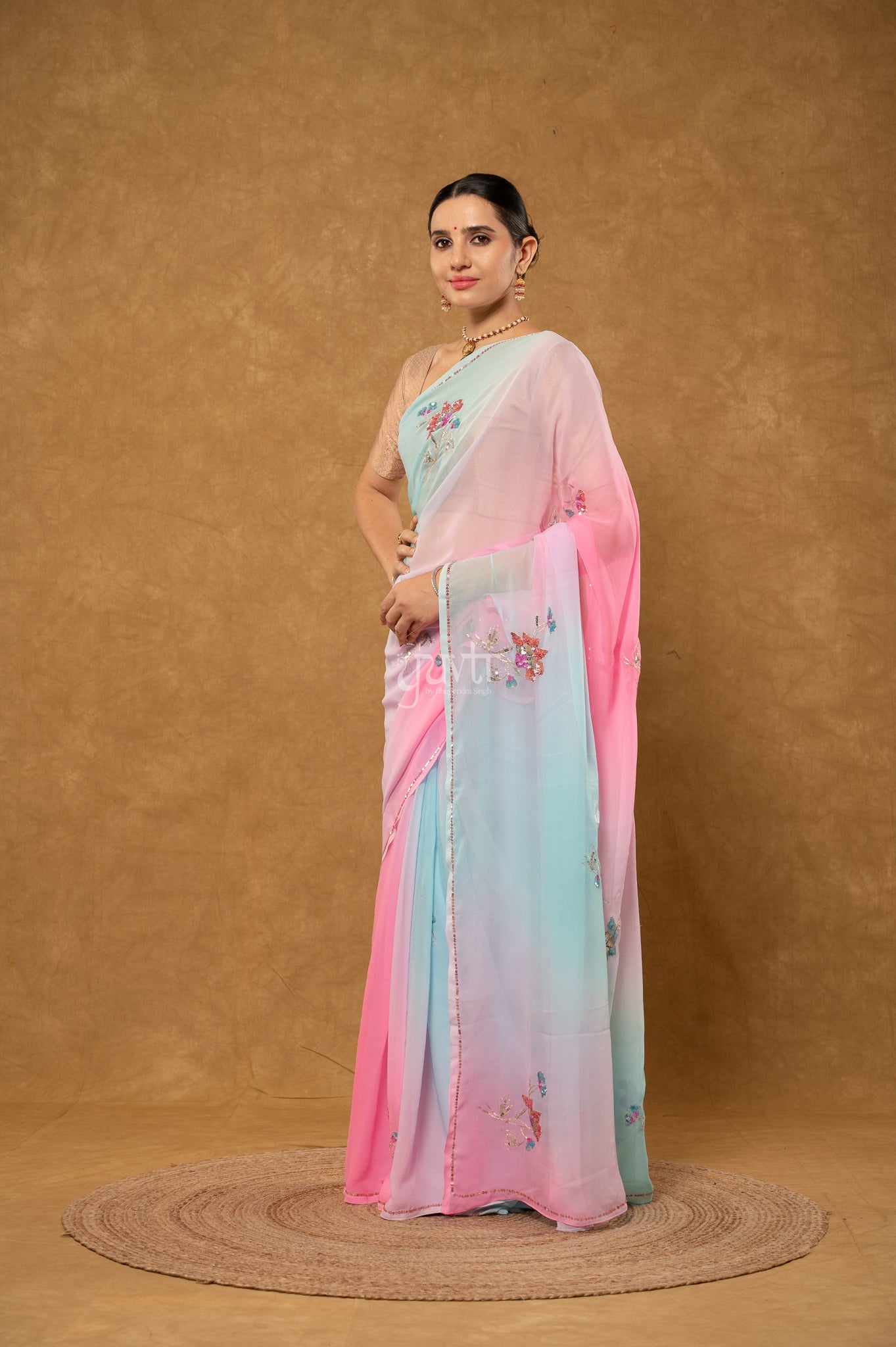 Pink Sky Shaded Viscose Chiffon Aari Sequins Motifs ( Butti ) handwork Party Saree