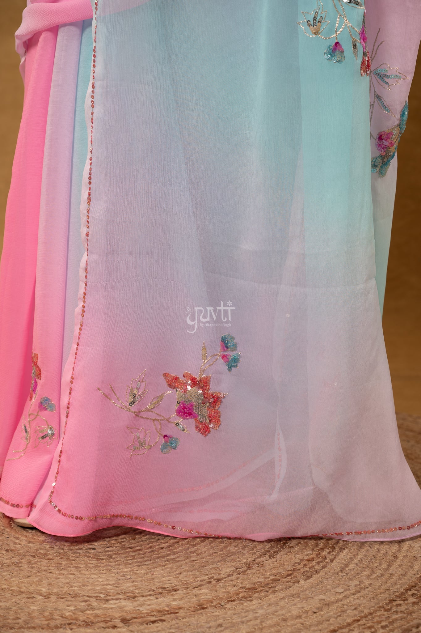 Pink Sky Shaded Viscose Chiffon Aari Sequins Motifs ( Butti ) handwork Party Saree