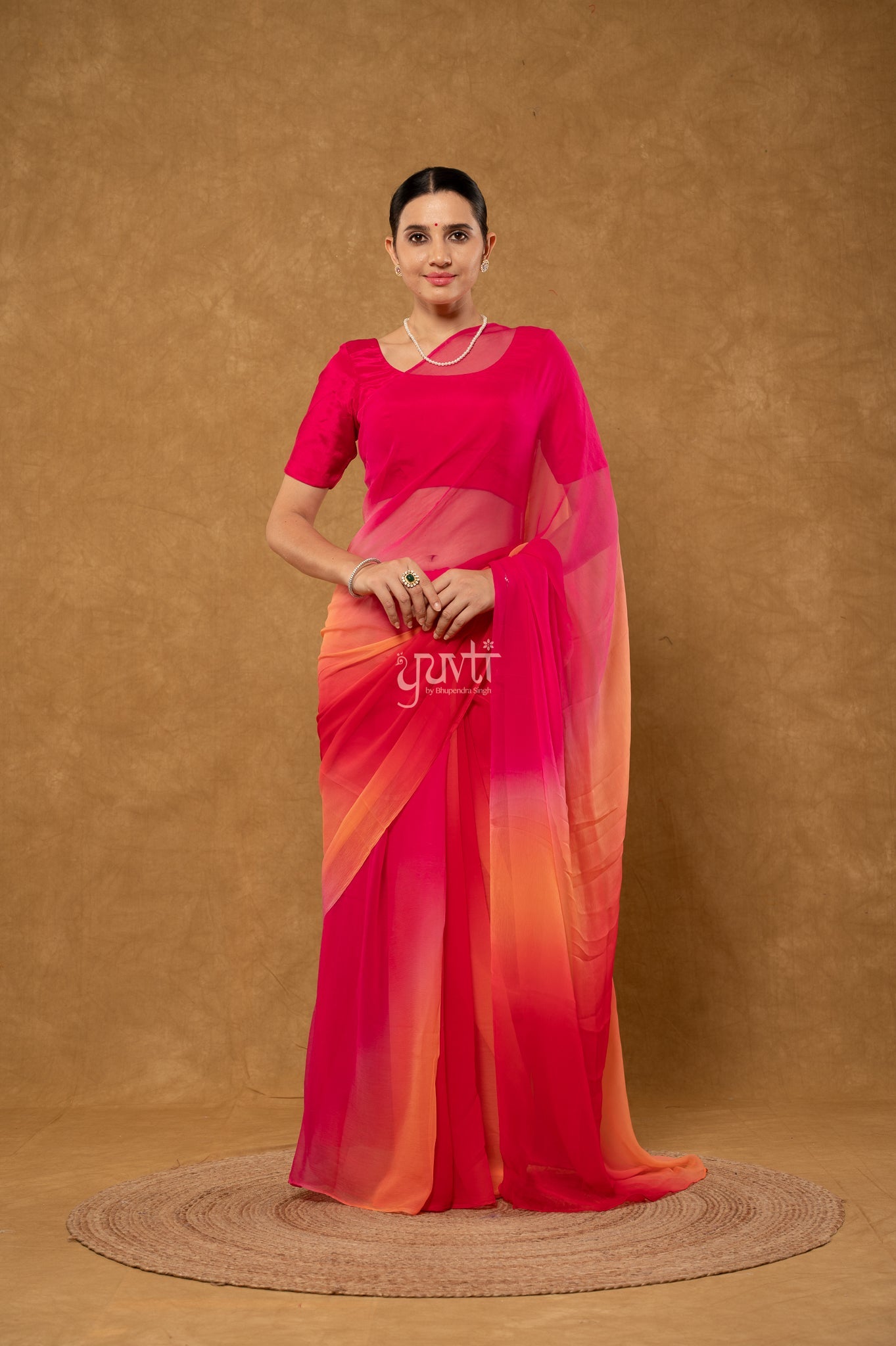 Red Peach Rani Shaded Viscose Chiffon Hand-Dye Saree with Blouse