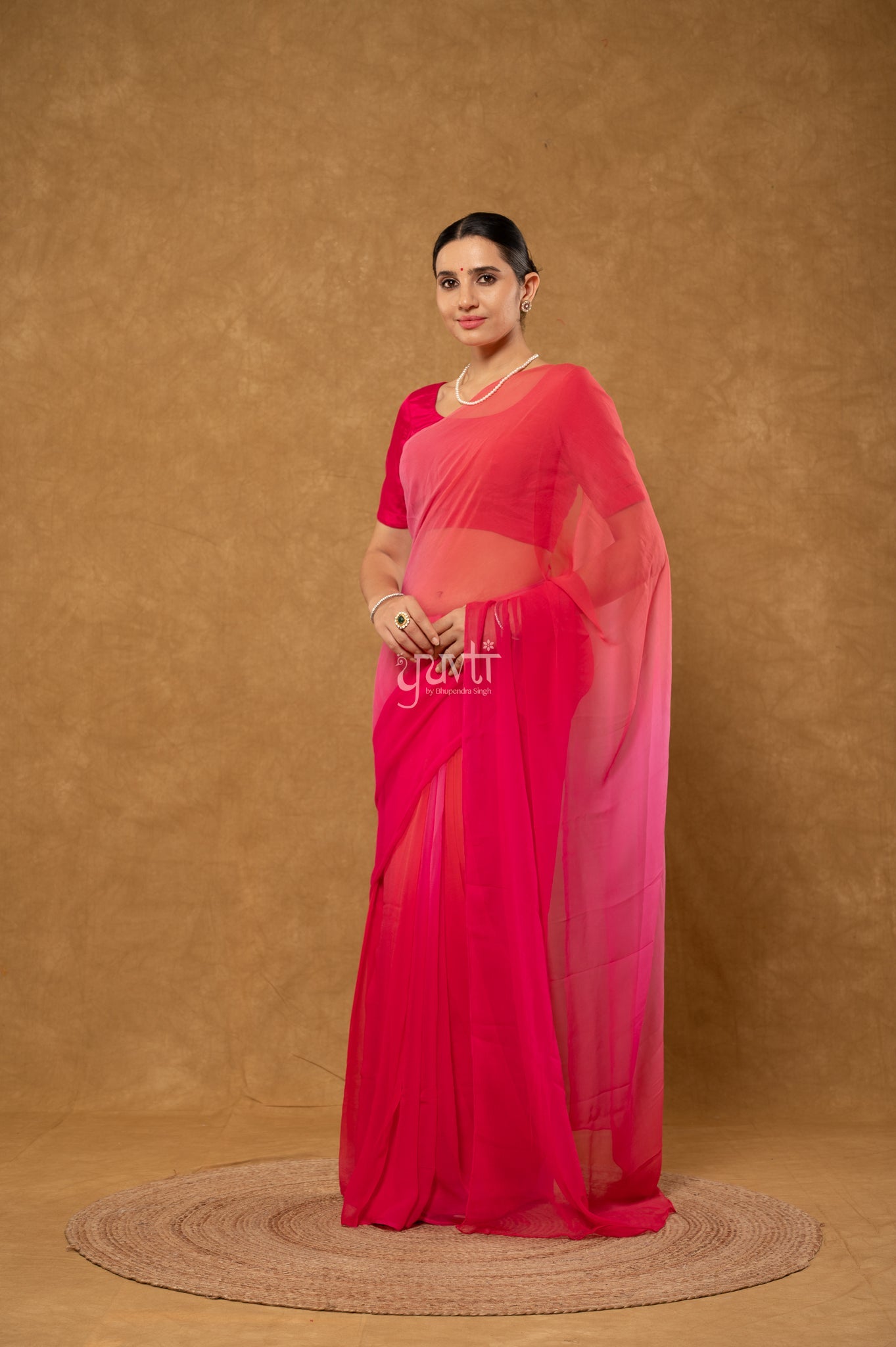 Rani Gajri Red Pink Multi Shaded Viscose Chiffon Hand-Dye Saree with Blouse