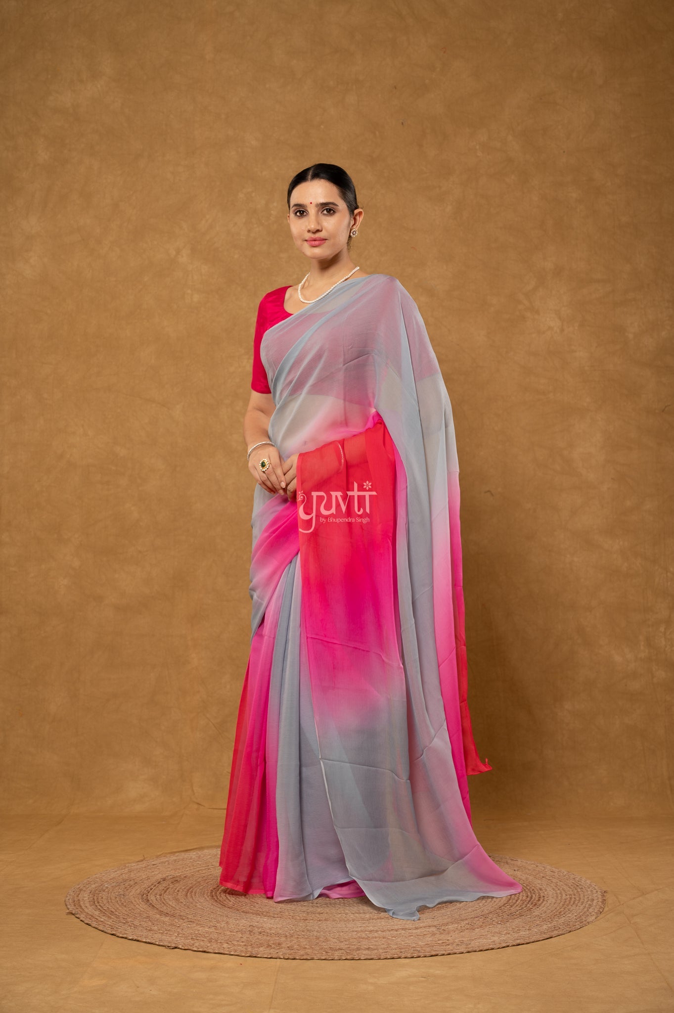 Grey Pink Red Shaded Pure Chiffon Hand-Dye Saree with Blouse
