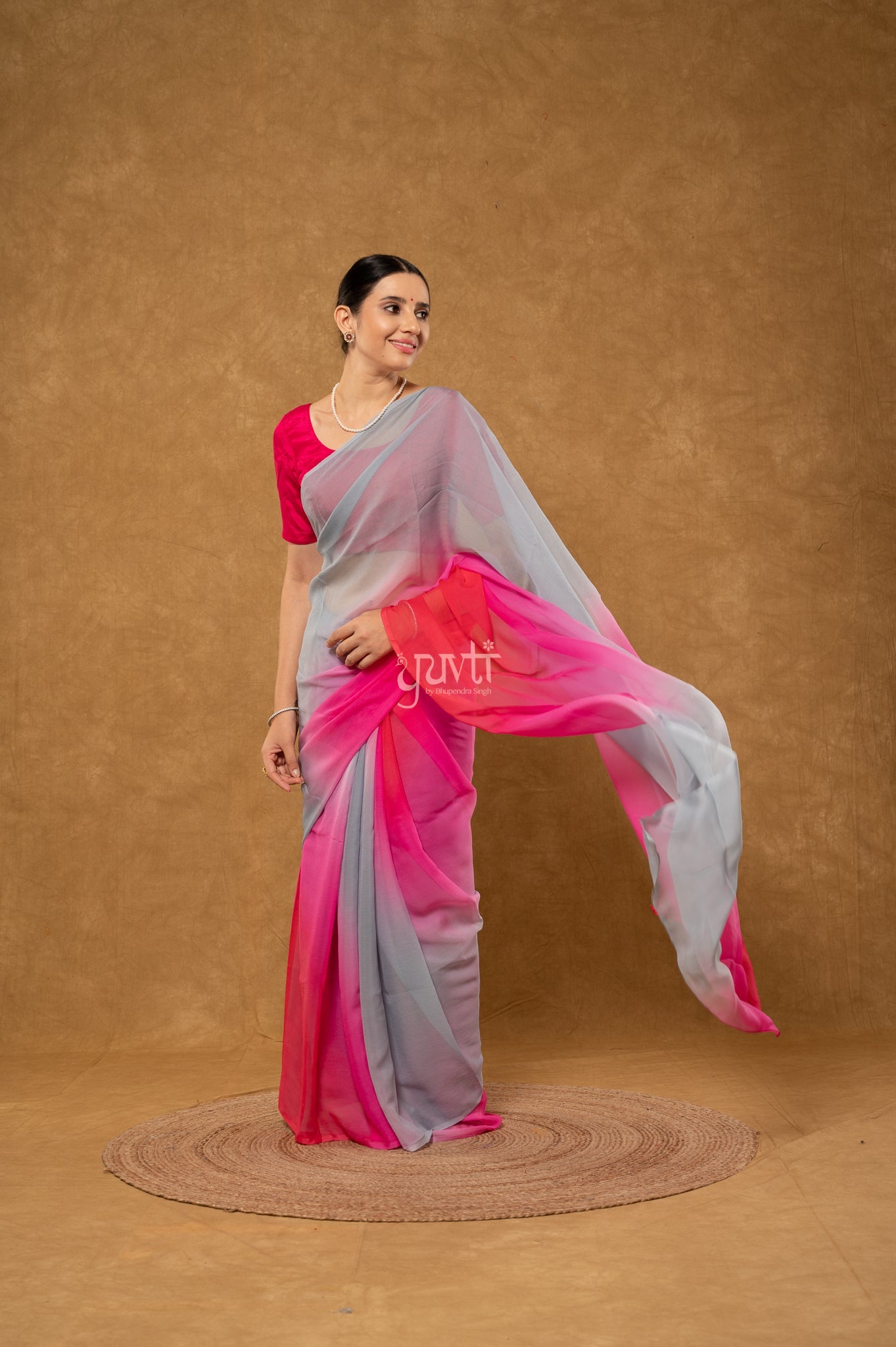 Grey Pink Red Shaded Pure Chiffon Hand-Dye Saree with Blouse