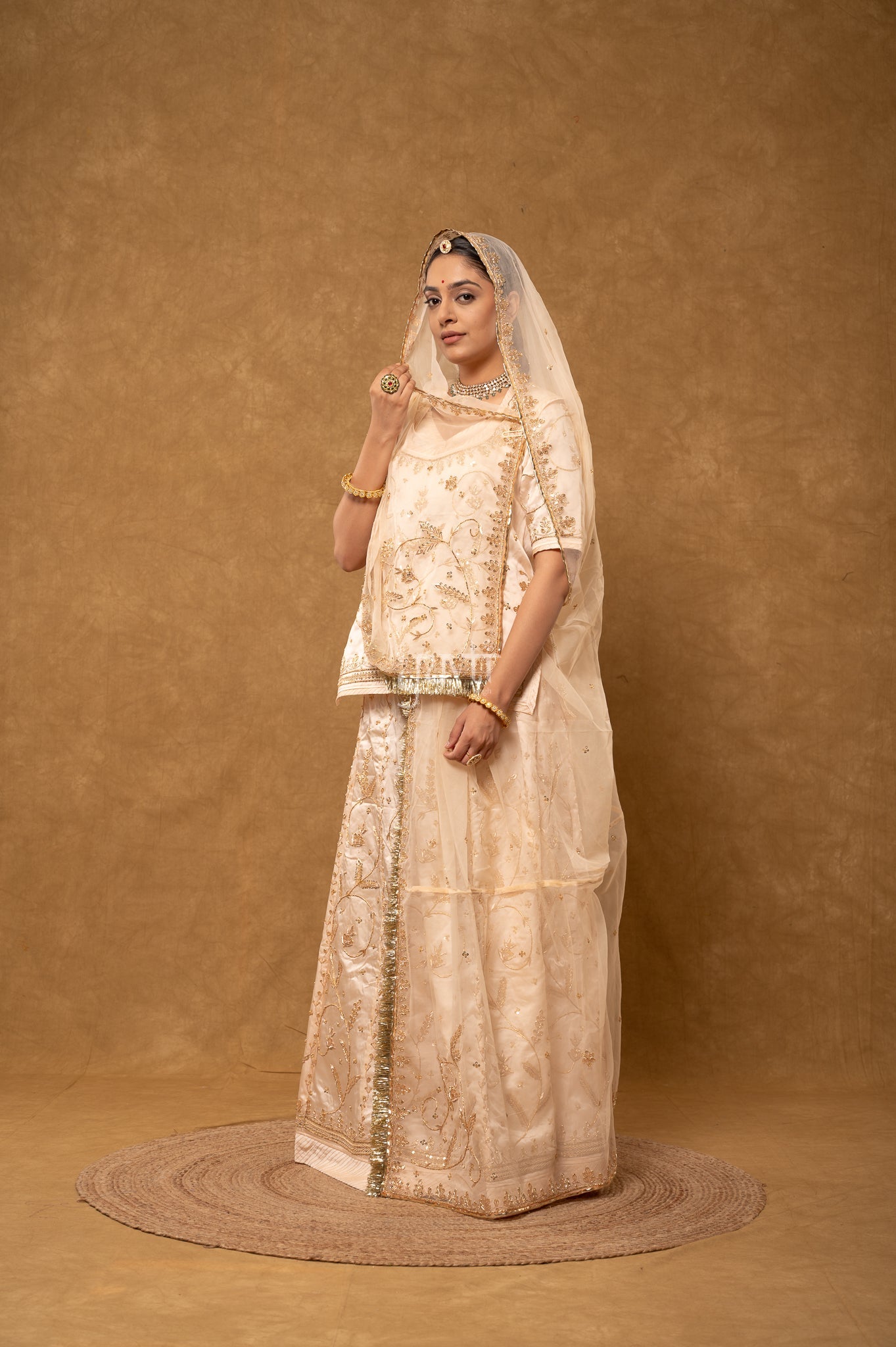 Cream Bamber Satin Zardozi Sequins Dabka Salma Handwork Poshak with Pure Odhana (unstitched)
