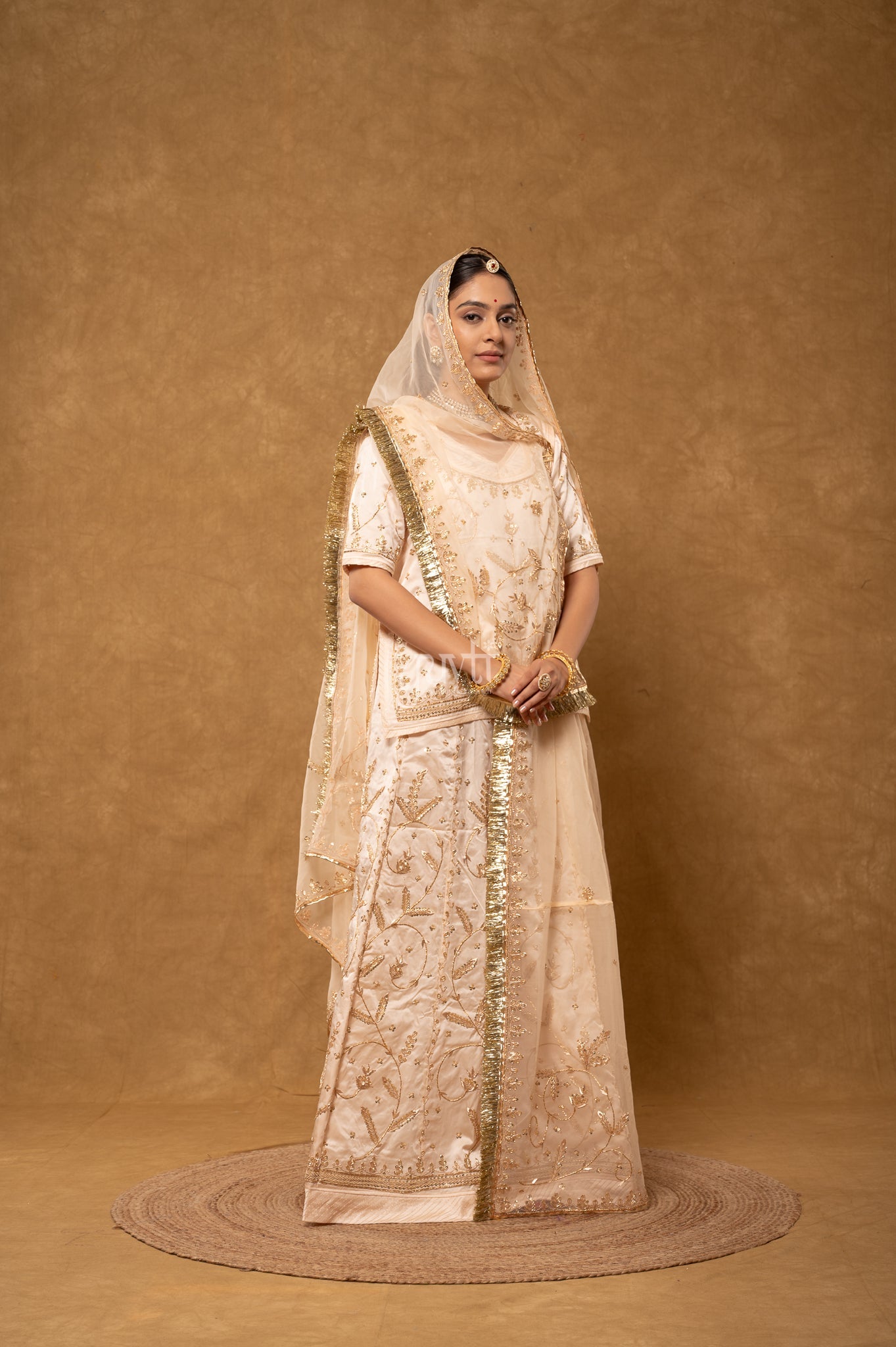 Cream Bamber Satin Zardozi Sequins Dabka Salma Handwork Poshak with Pure Odhana (unstitched)