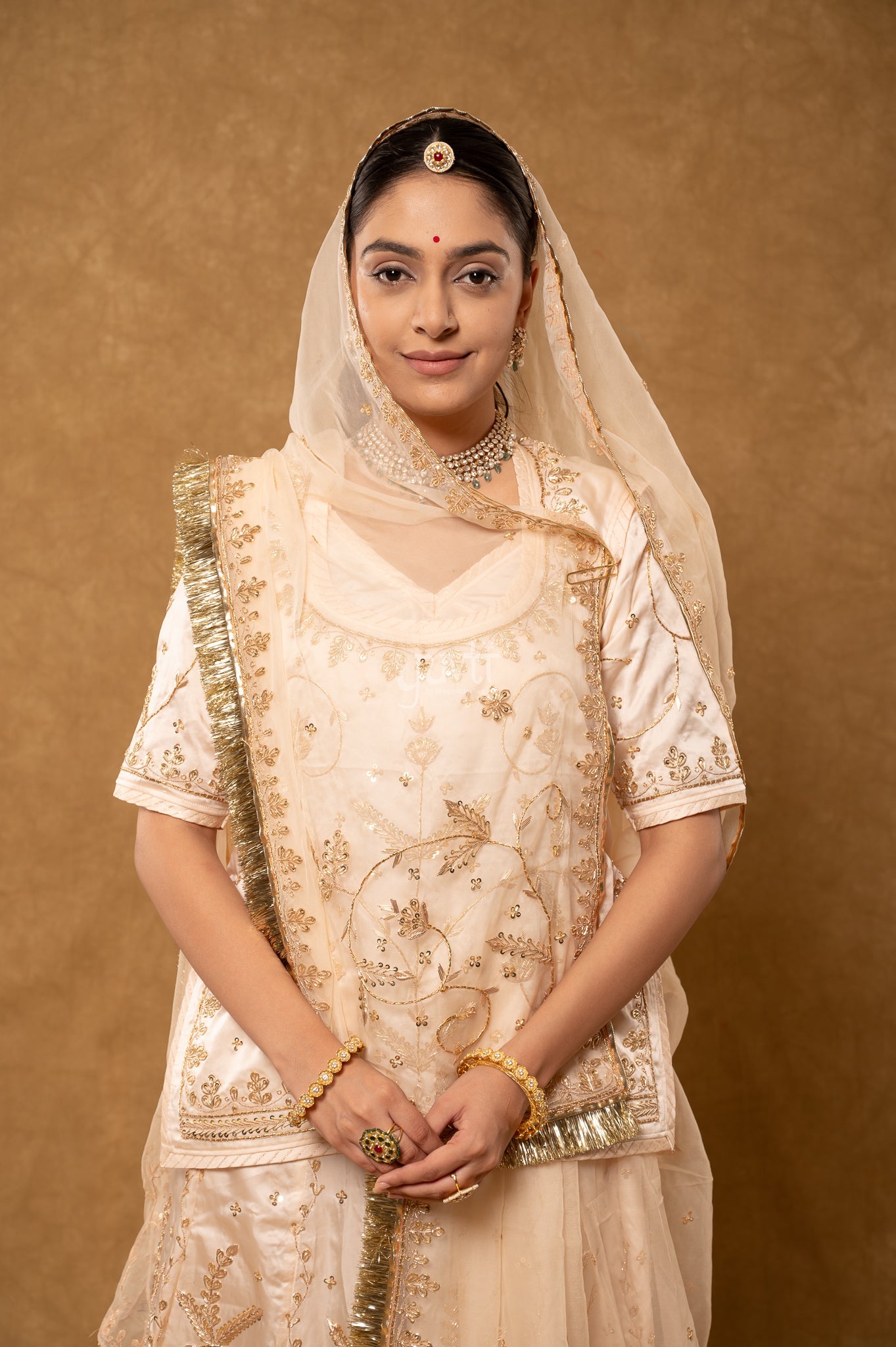 Cream Bamber Satin Zardozi Sequins Dabka Salma Handwork Poshak with Pure Odhana (unstitched)