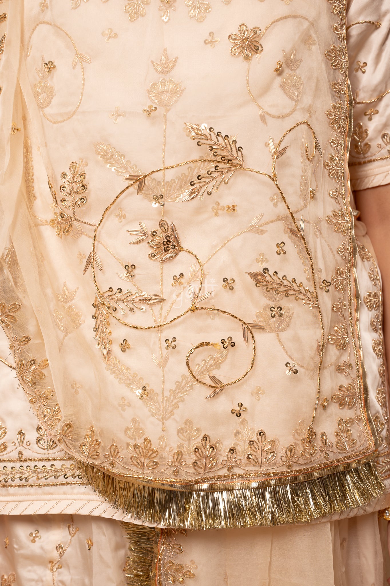Cream Bamber Satin Zardozi Sequins Dabka Salma Handwork Poshak with Pure Odhana (unstitched)