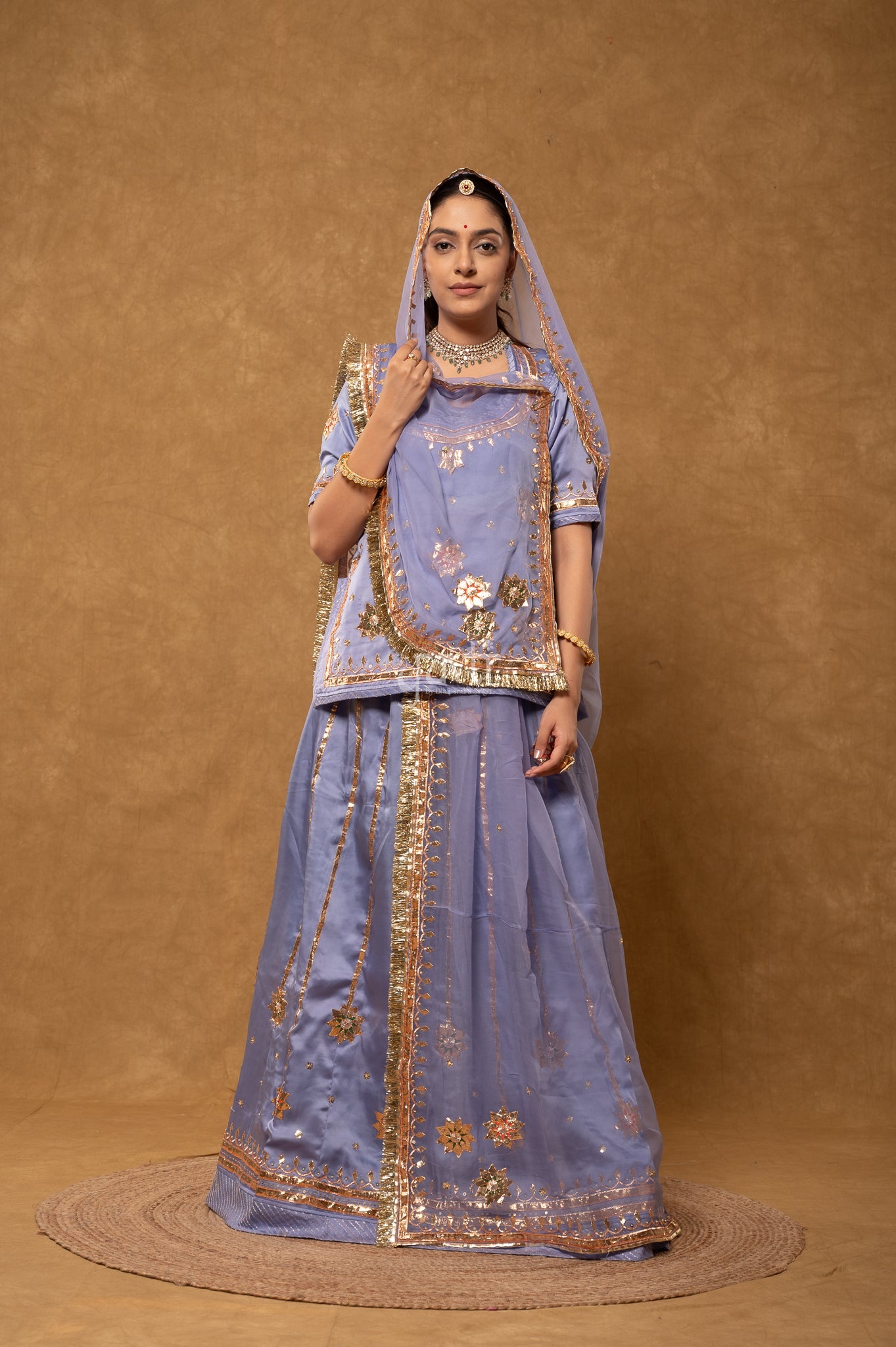 Lavender Bamber Satin Gotta Patti Laffi Sequins Handwork Poshak with Pure Odhana (unstitched)