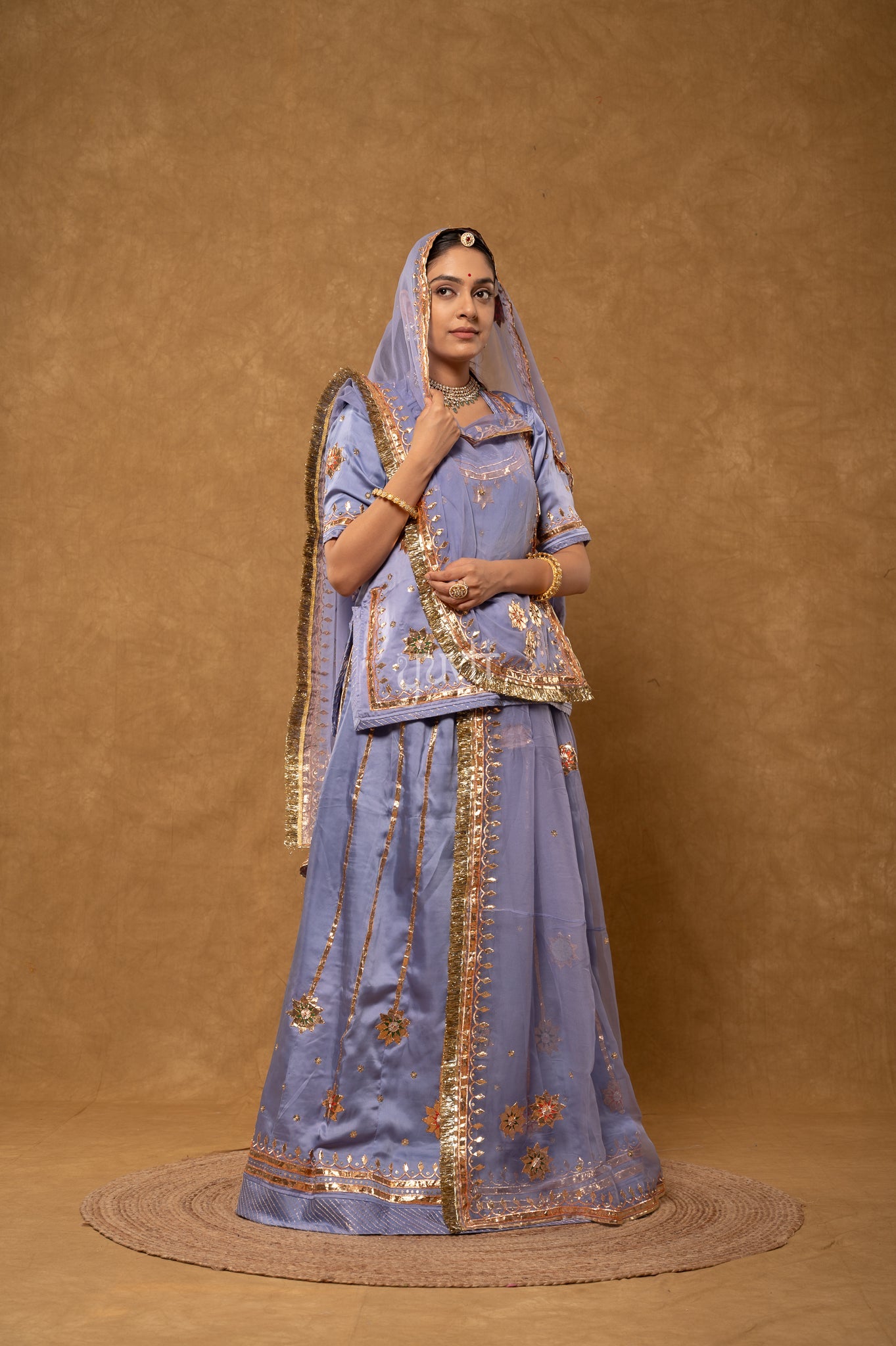 Lavender Bamber Satin Gotta Patti Laffi Sequins Handwork Poshak with Pure Odhana (unstitched)