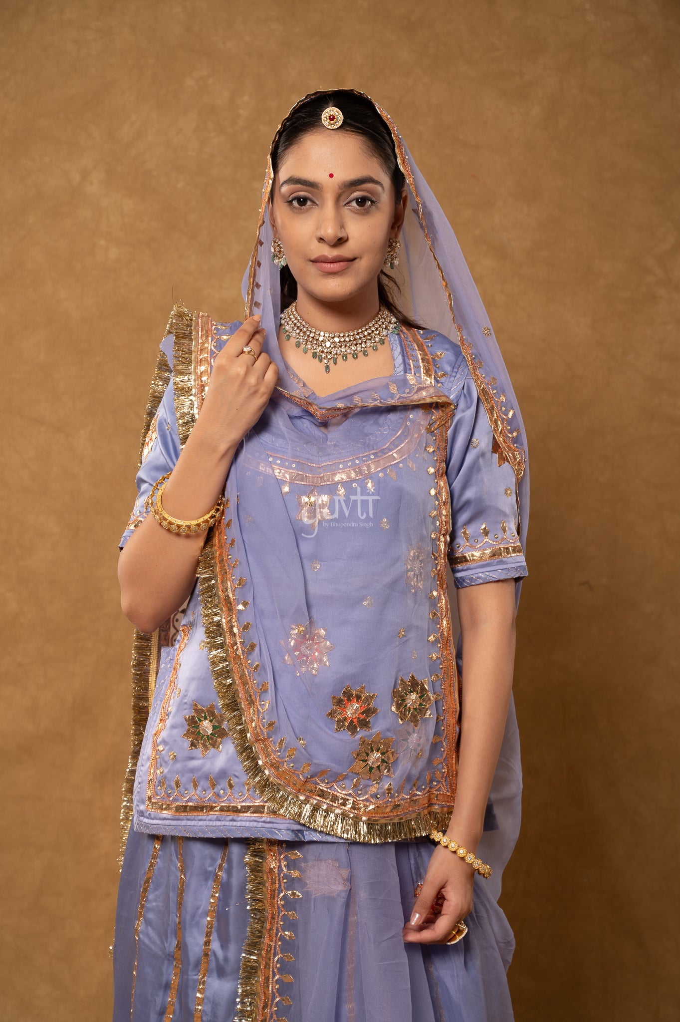 Lavender Bamber Satin Gotta Patti Laffi Sequins Handwork Poshak with Pure Odhana (unstitched)