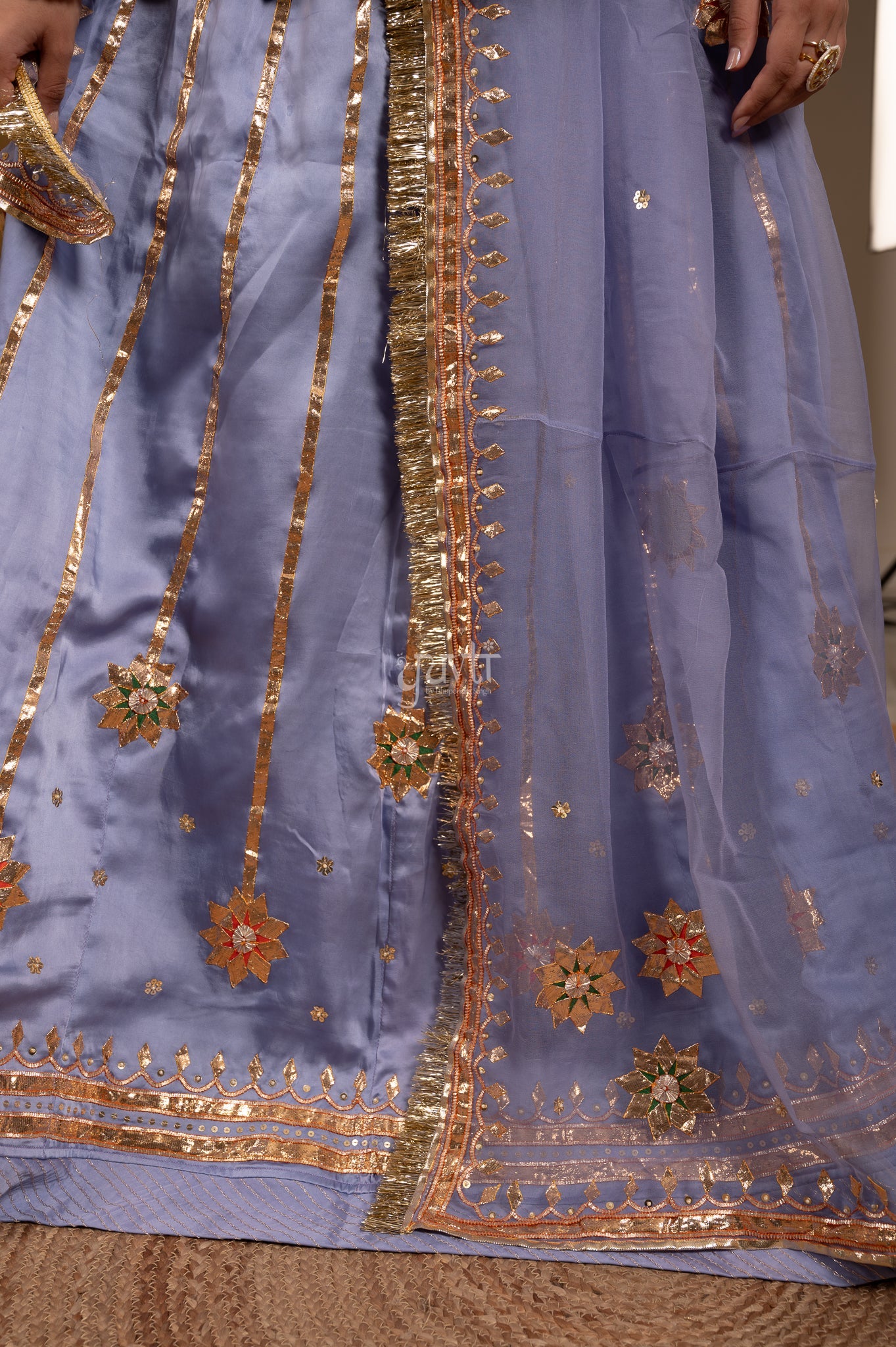Lavender Bamber Satin Gotta Patti Laffi Sequins Handwork Poshak with Pure Odhana (unstitched)
