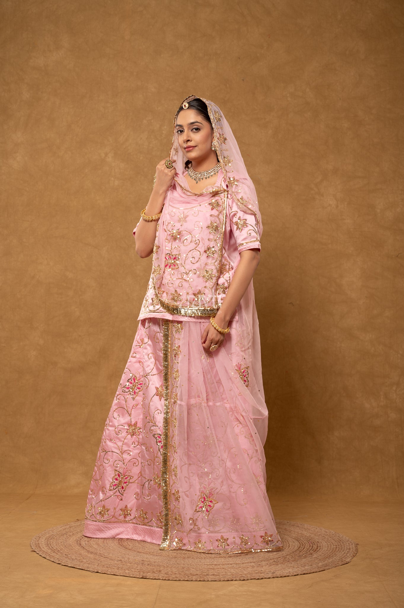 Baby Pink Bamber Satin Zardozi Sequins Handwork Poshak with Pure Odhana (unstitched)