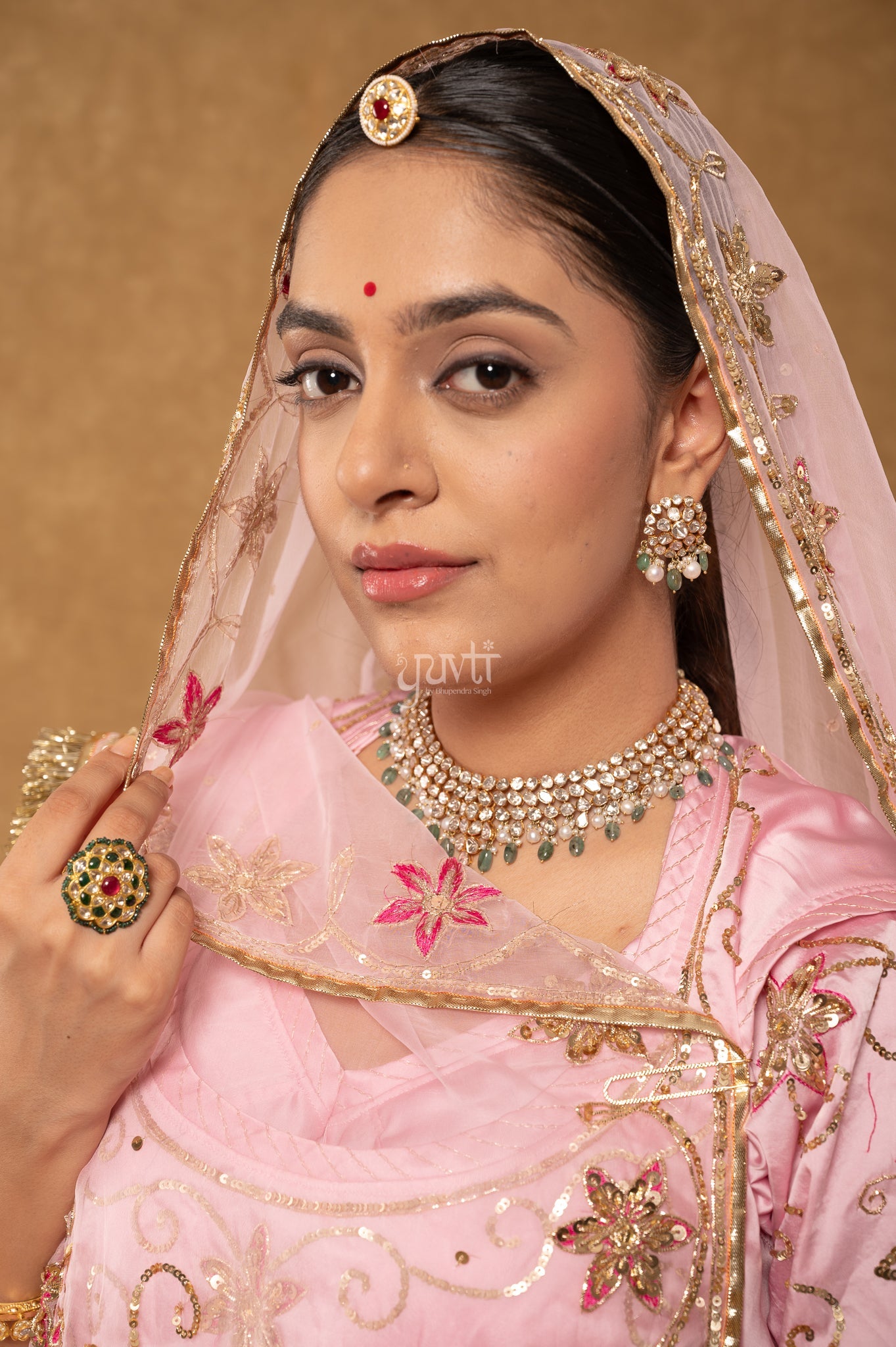 Baby Pink Bamber Satin Zardozi Sequins Handwork Poshak with Pure Odhana (unstitched)