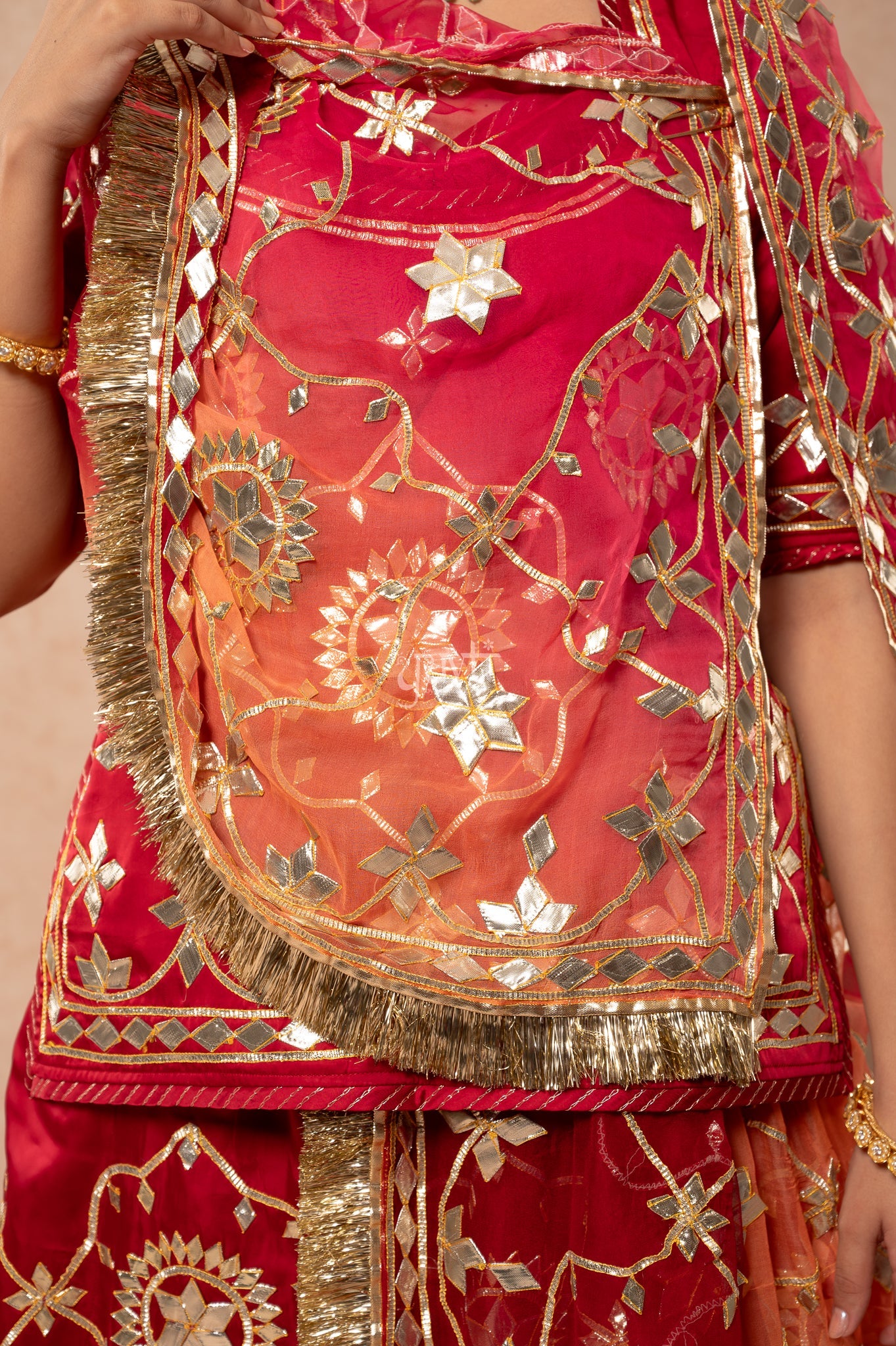 Maroon Bamber Satin Sikhiya Gotta work Poshak with Pure Multi Colour Odhana (unstitched)