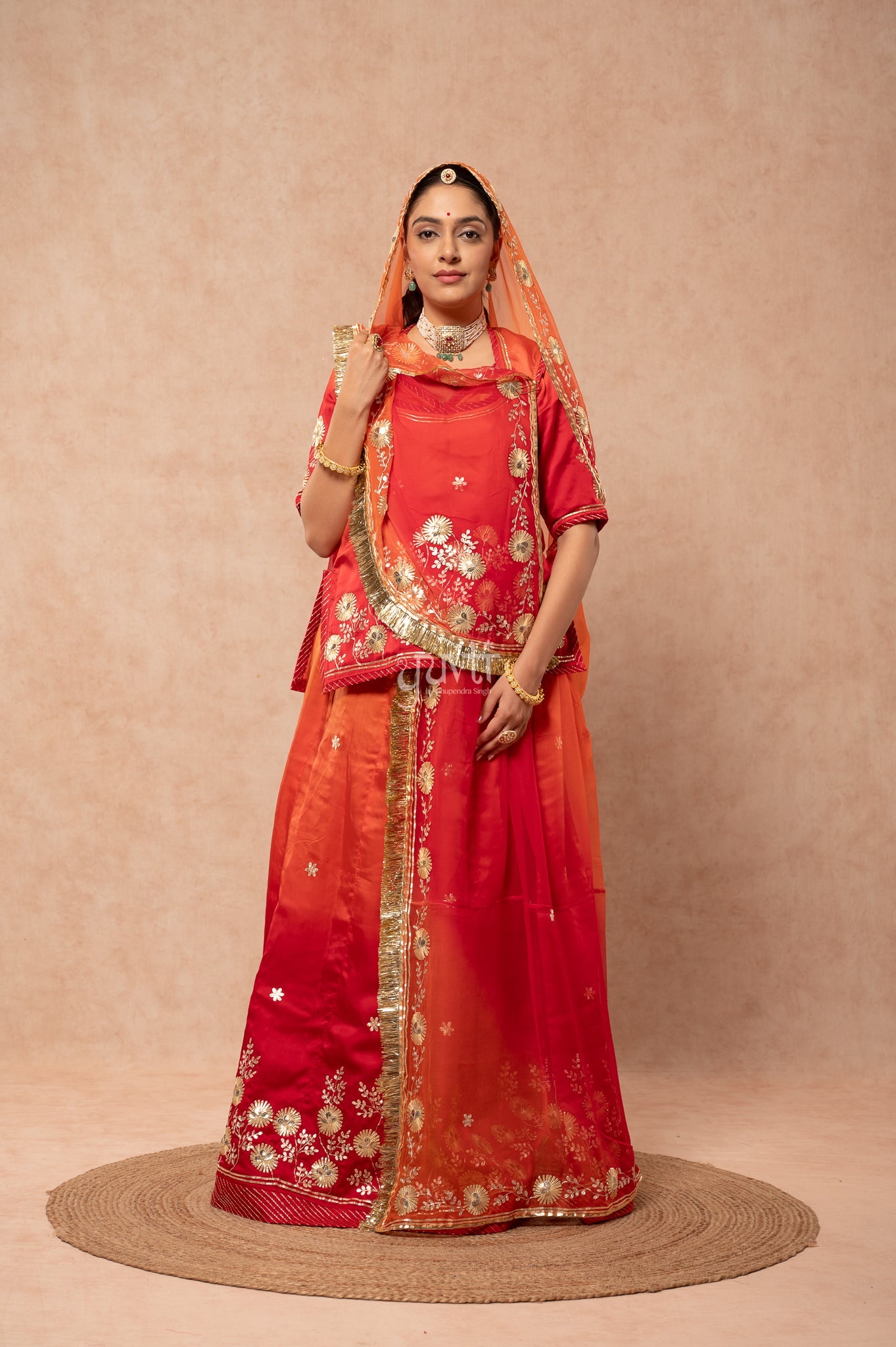 Red-Rust Orange Bamber Satin Sikhiya Gotta Pitan work Poshak with Pure Shaded Odhana (unstitched)