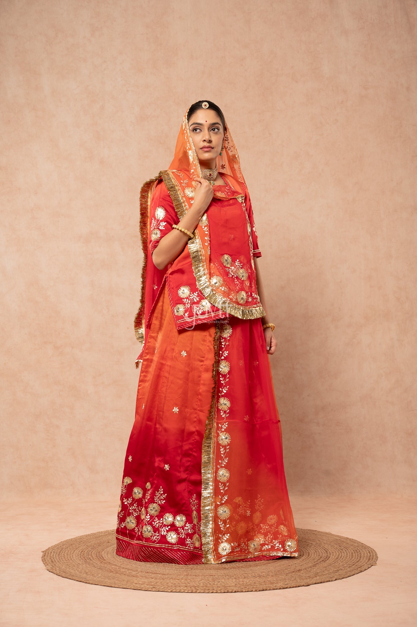 Red-Rust Orange Bamber Satin Sikhiya Gotta Pitan work Poshak with Pure Shaded Odhana (unstitched)
