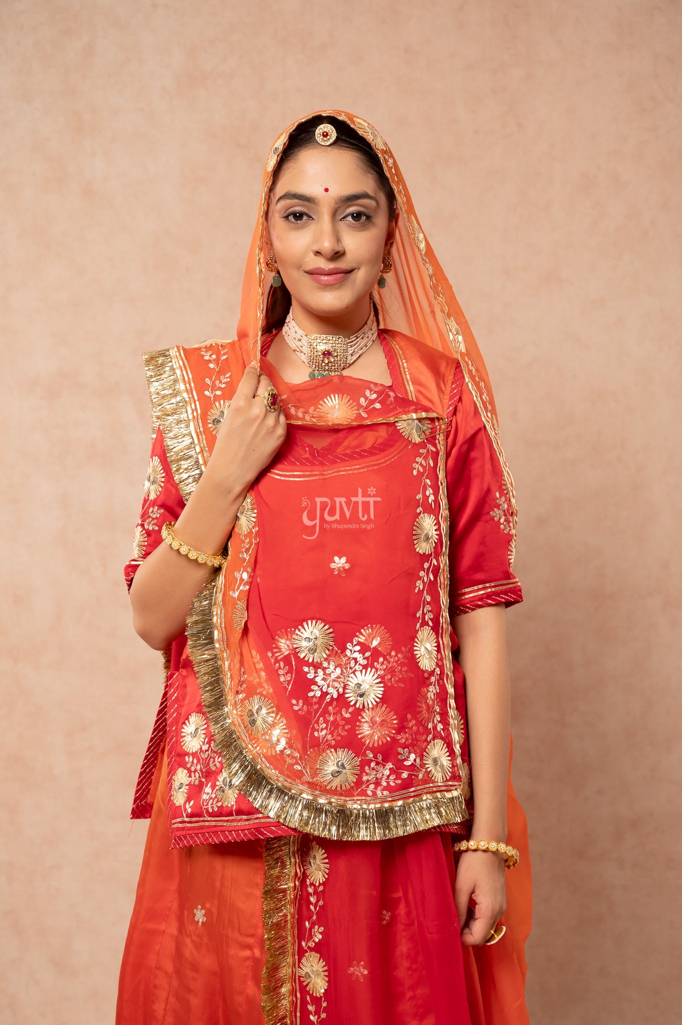Red-Rust Orange Bamber Satin Sikhiya Gotta Pitan work Poshak with Pure Shaded Odhana (unstitched)