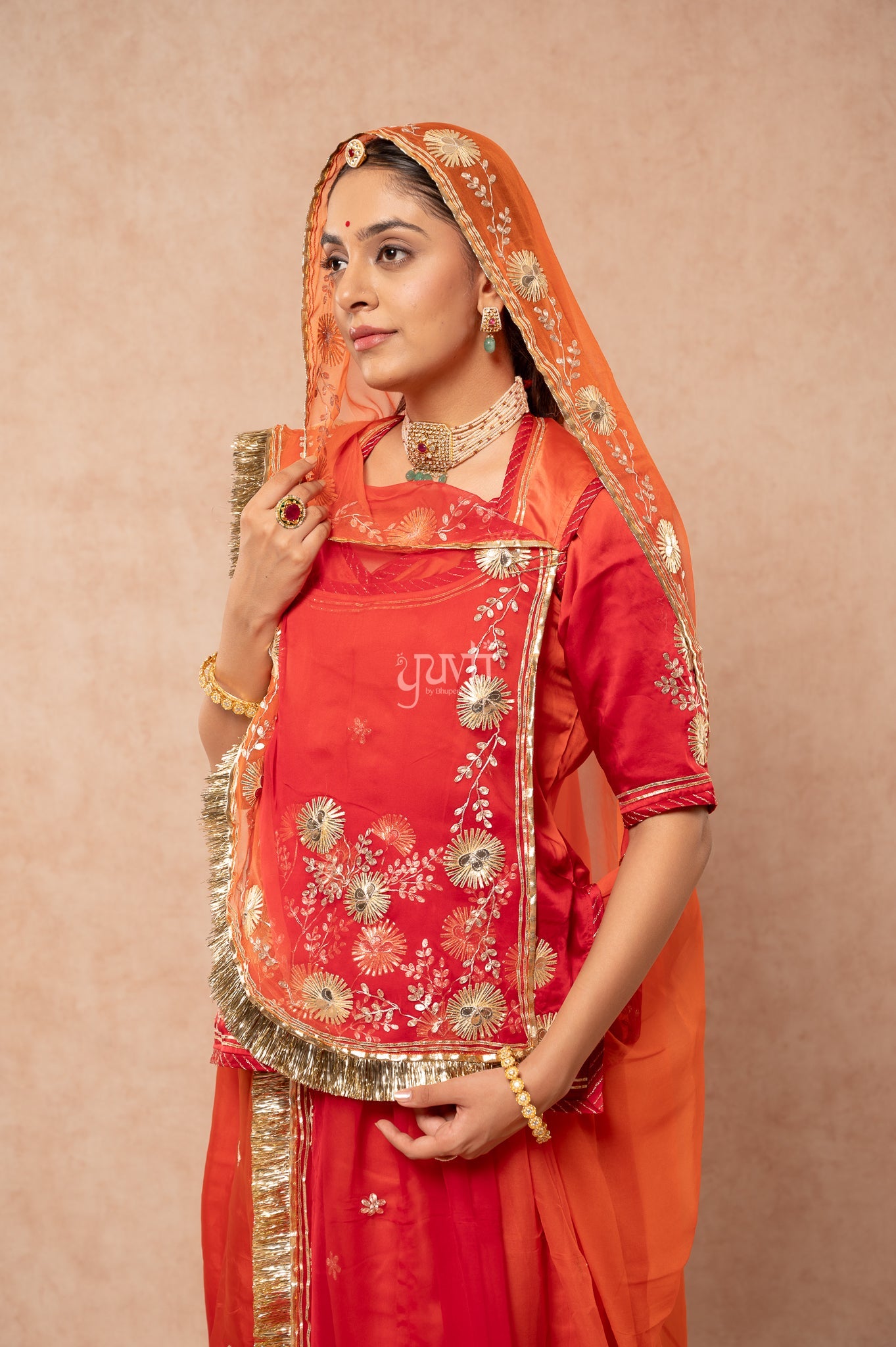 Red-Rust Orange Bamber Satin Sikhiya Gotta Pitan work Poshak with Pure Shaded Odhana (unstitched)